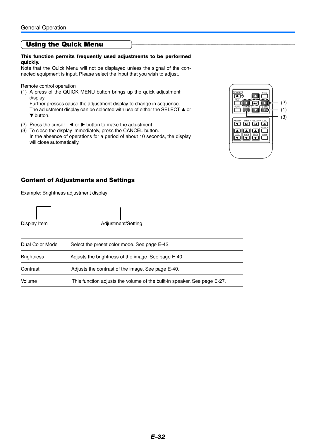 Mitsubishi Electronics XD80 user manual Using the Quick Menu, Content of Adjustments and Settings 