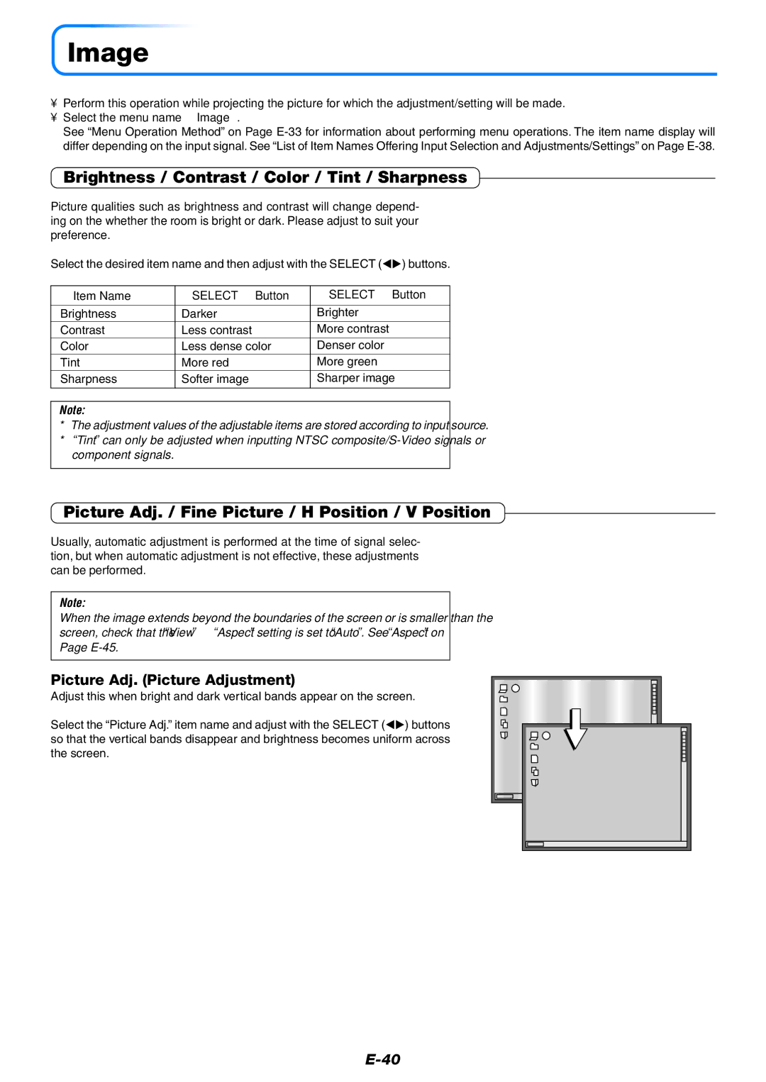 Mitsubishi Electronics XD80 Image, Brightness / Contrast / Color / Tint / Sharpness, Picture Adj. Picture Adjustment 