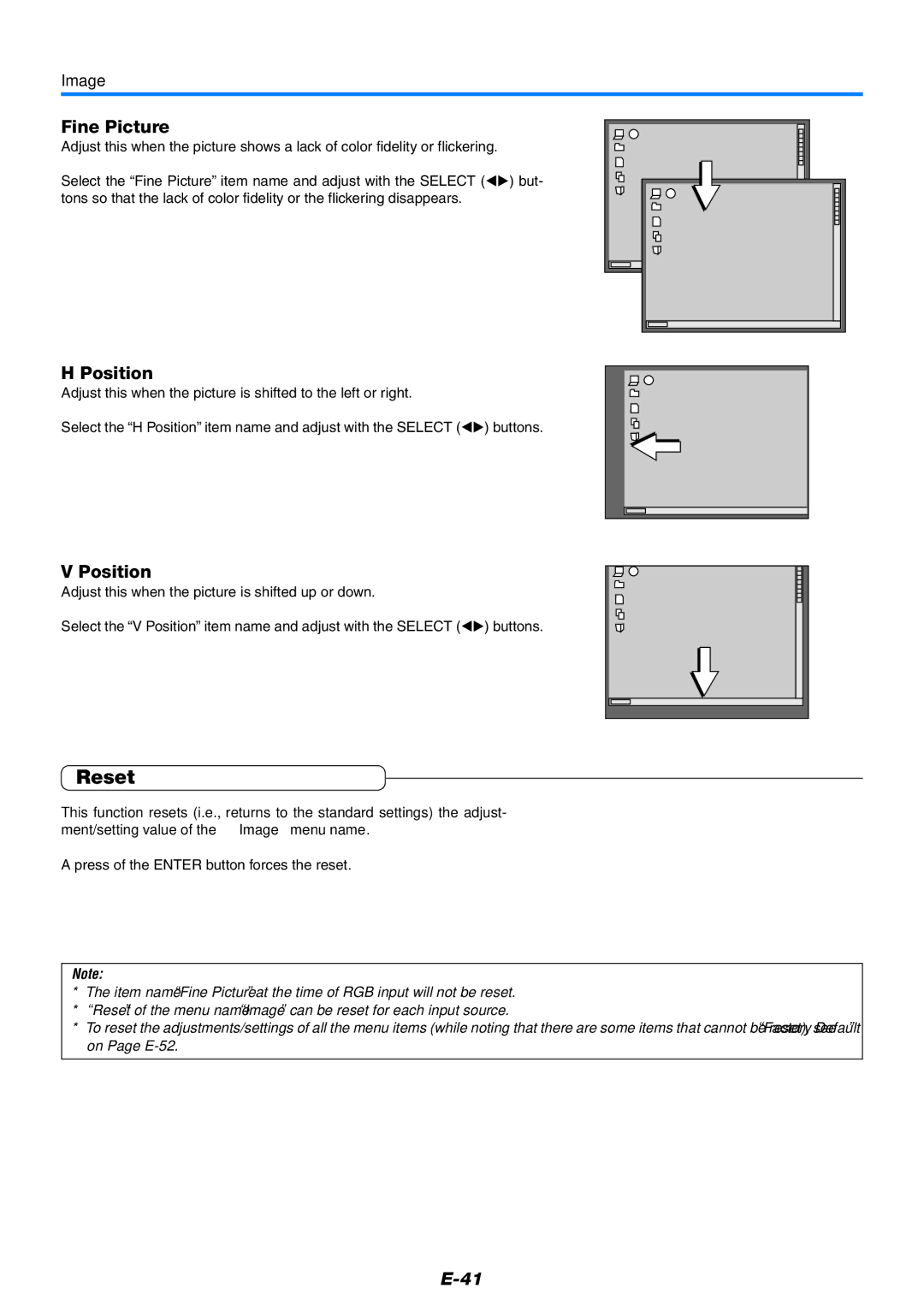 Mitsubishi Electronics XD80 user manual Reset, Fine Picture, Position, Image 