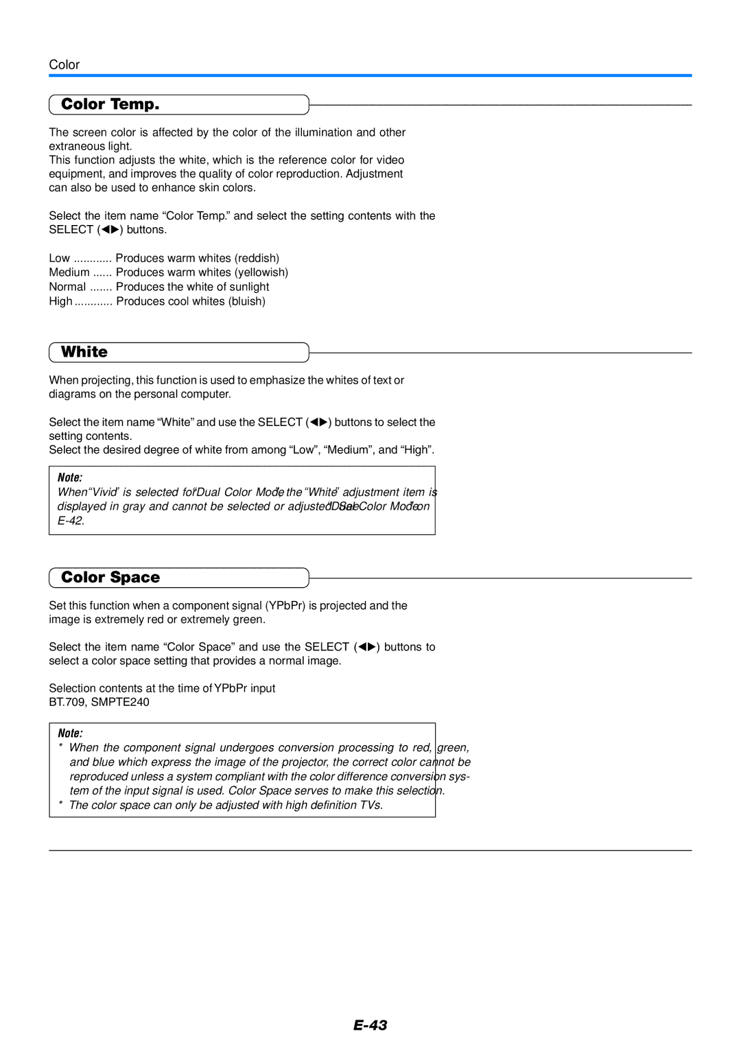 Mitsubishi Electronics XD80 user manual Color Temp, White, Color Space, Selection contents at the time of YPbPr input 