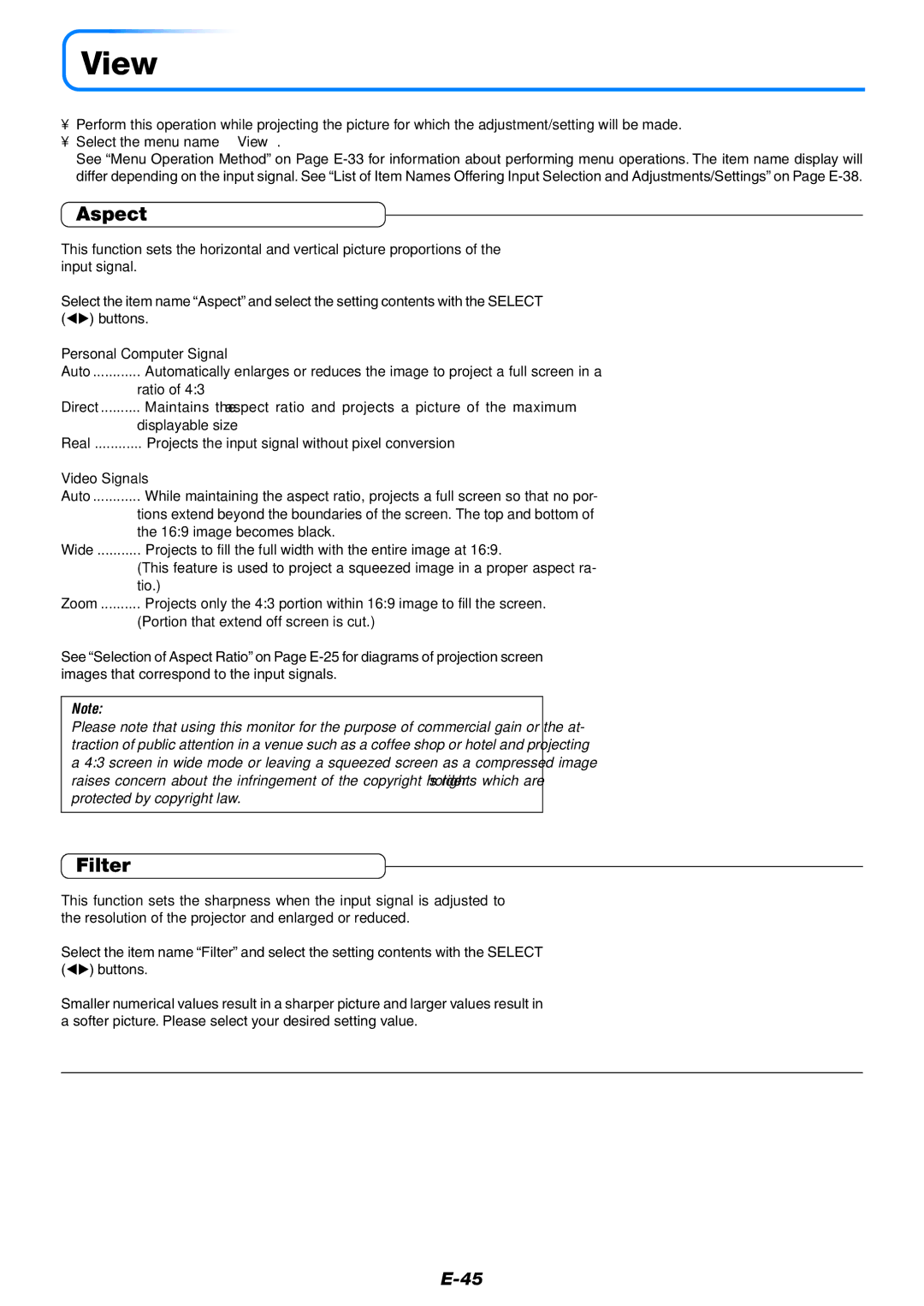 Mitsubishi Electronics XD80 user manual View, Aspect, Filter, Video Signals 