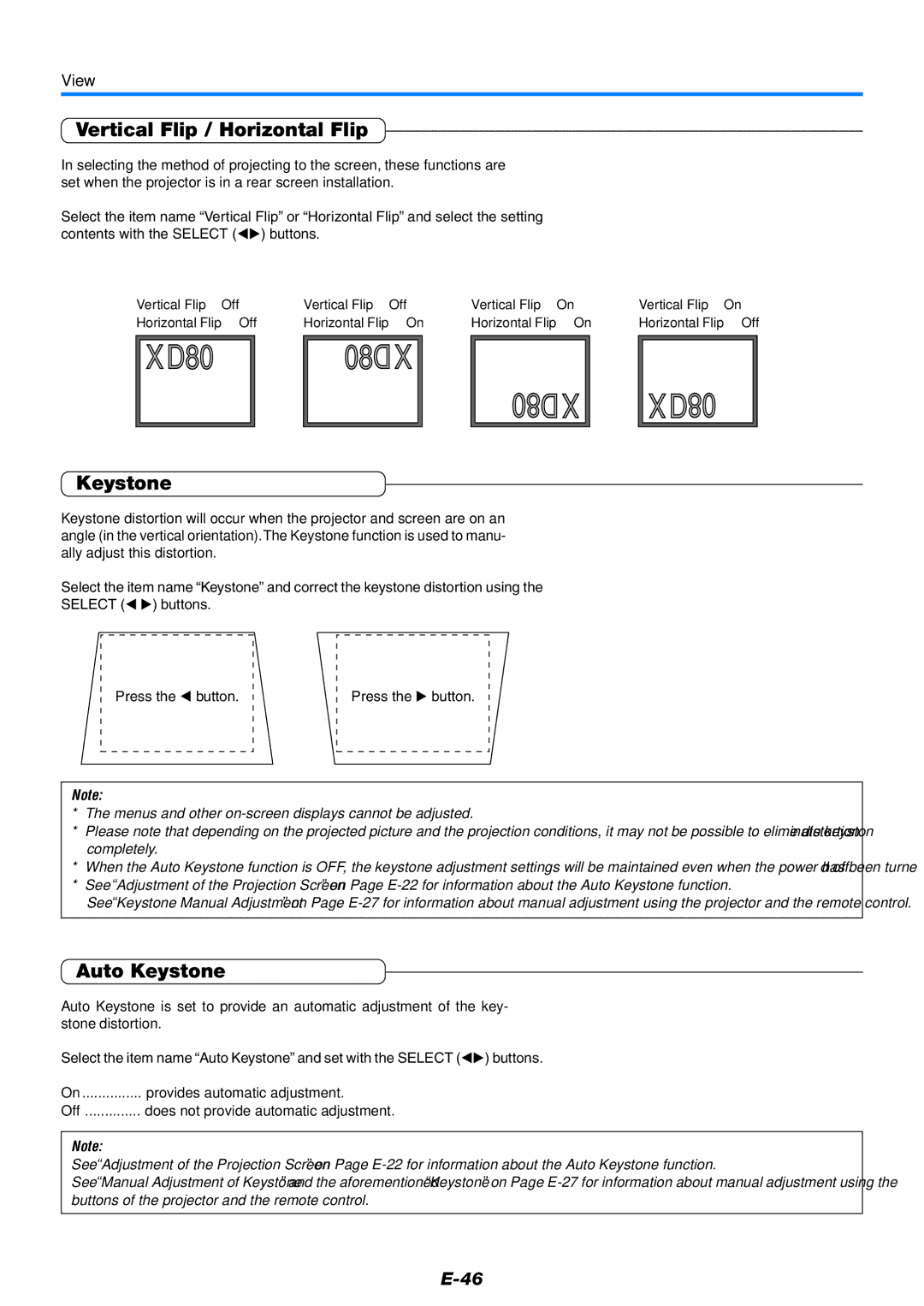 Mitsubishi Electronics XD80 user manual Vertical Flip / Horizontal Flip, Auto Keystone, View 