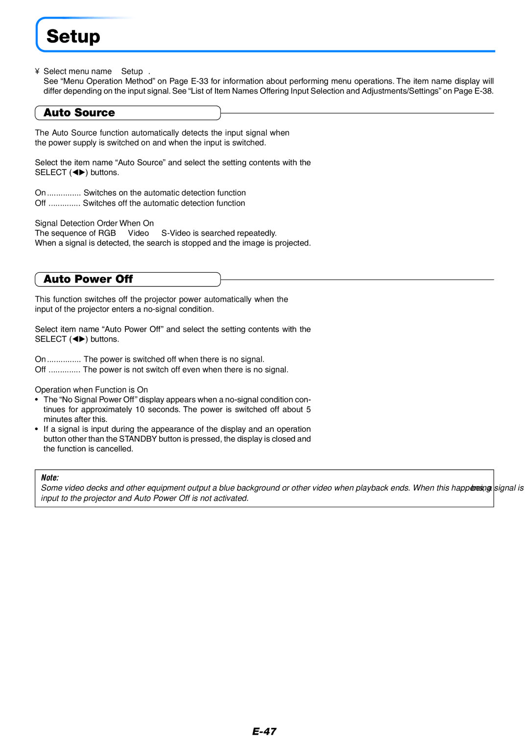 Mitsubishi Electronics XD80 user manual Setup, Auto Source, Auto Power Off 