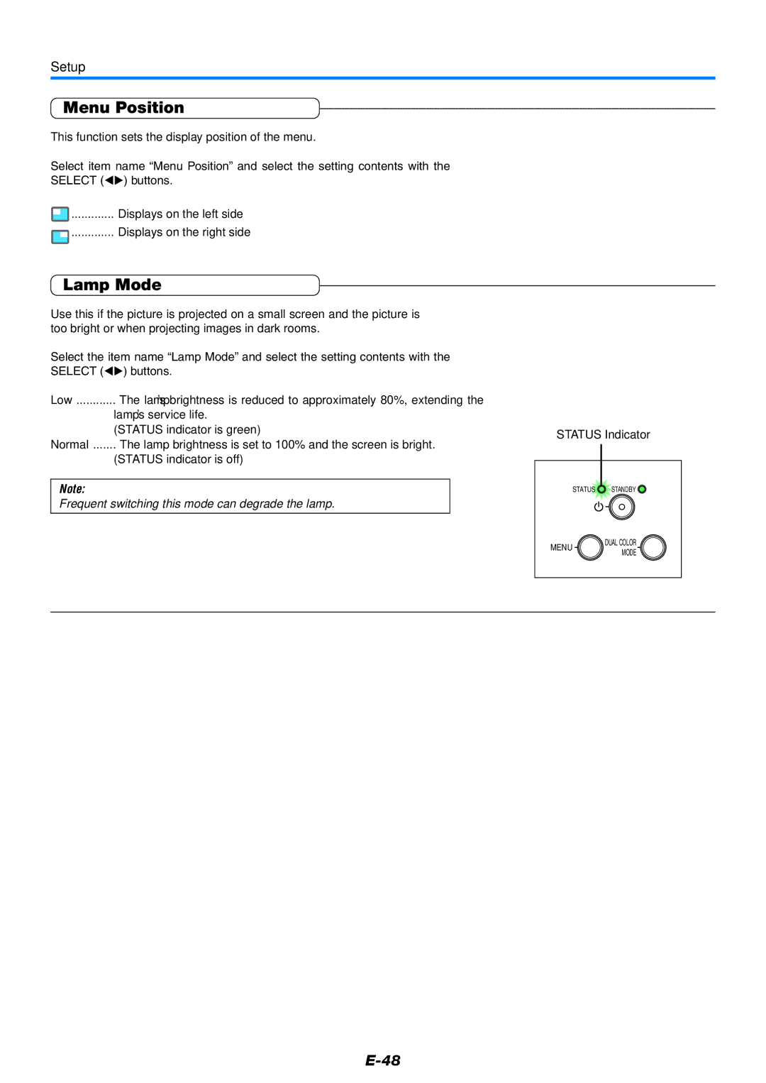 Mitsubishi Electronics XD80 user manual Menu Position, Setup, This function sets the display position of the menu 