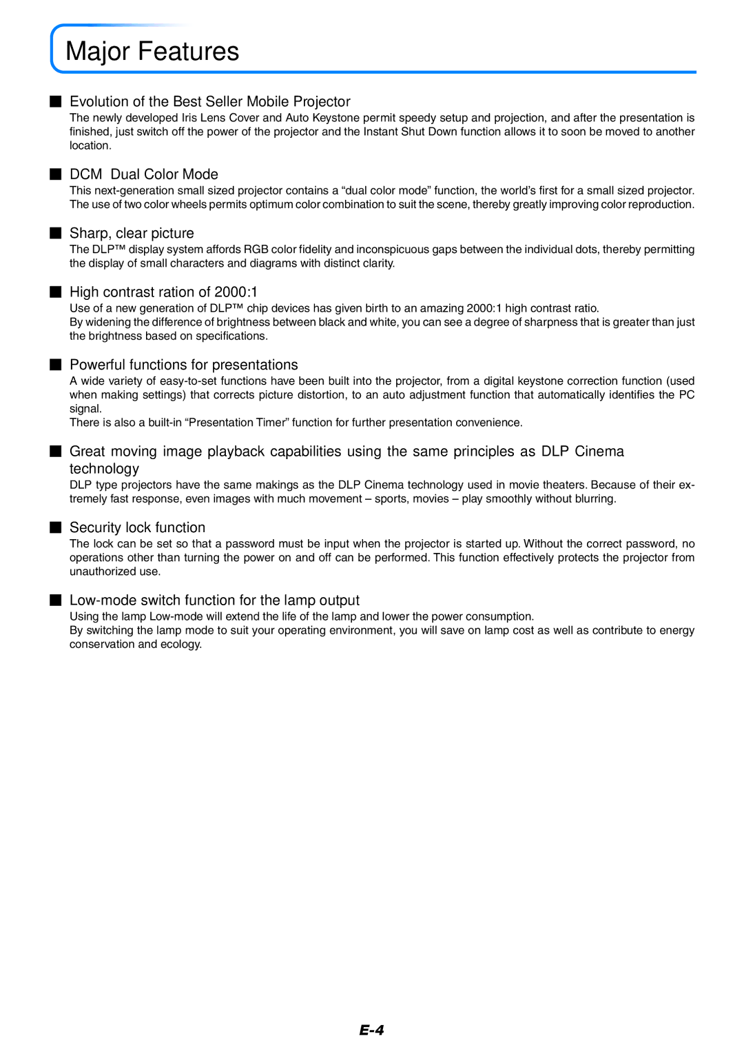 Mitsubishi Electronics XD80 user manual Major Features 