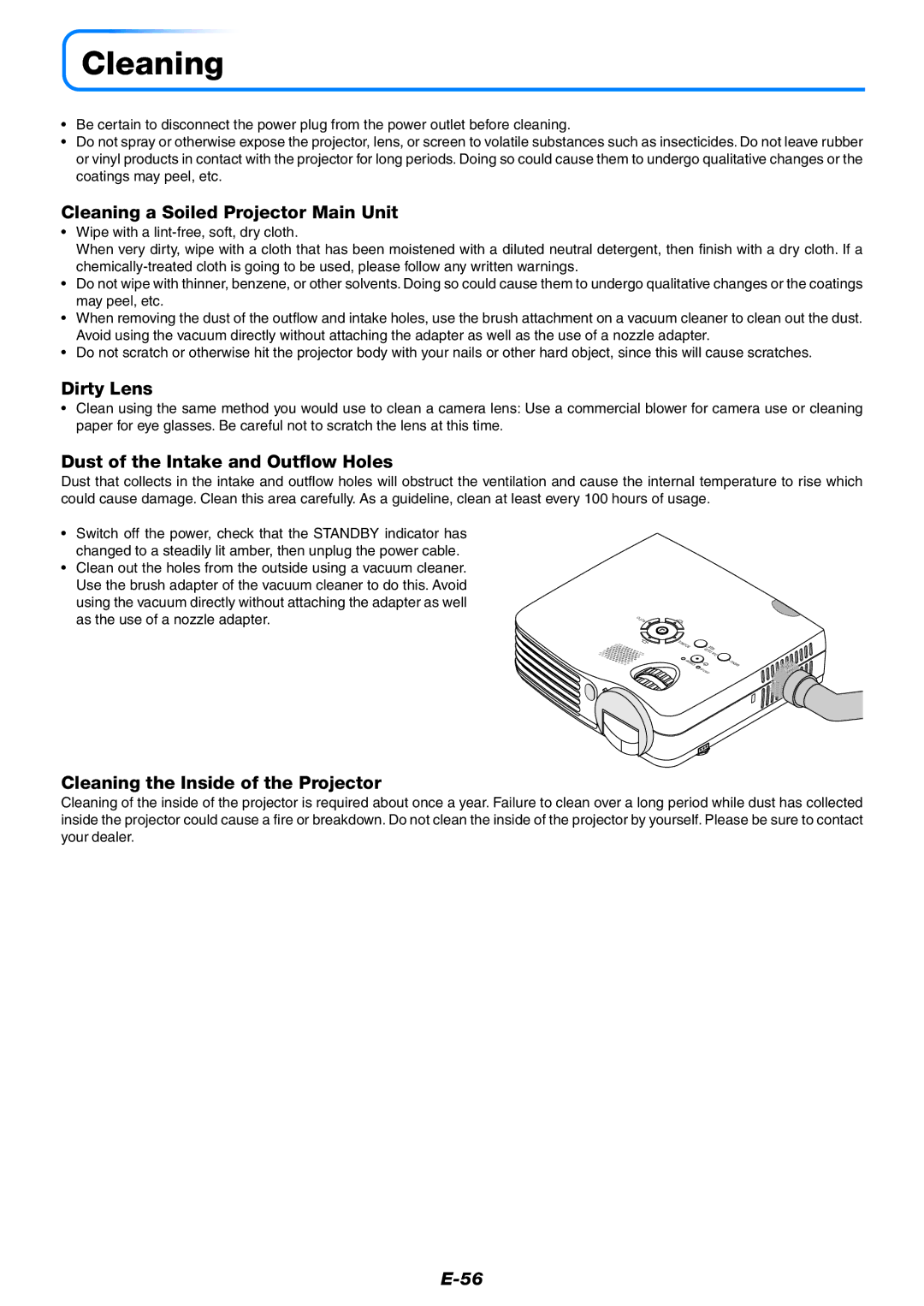 Mitsubishi Electronics XD80 Cleaning a Soiled Projector Main Unit, Dirty Lens, Dust of the Intake and Outflow Holes 