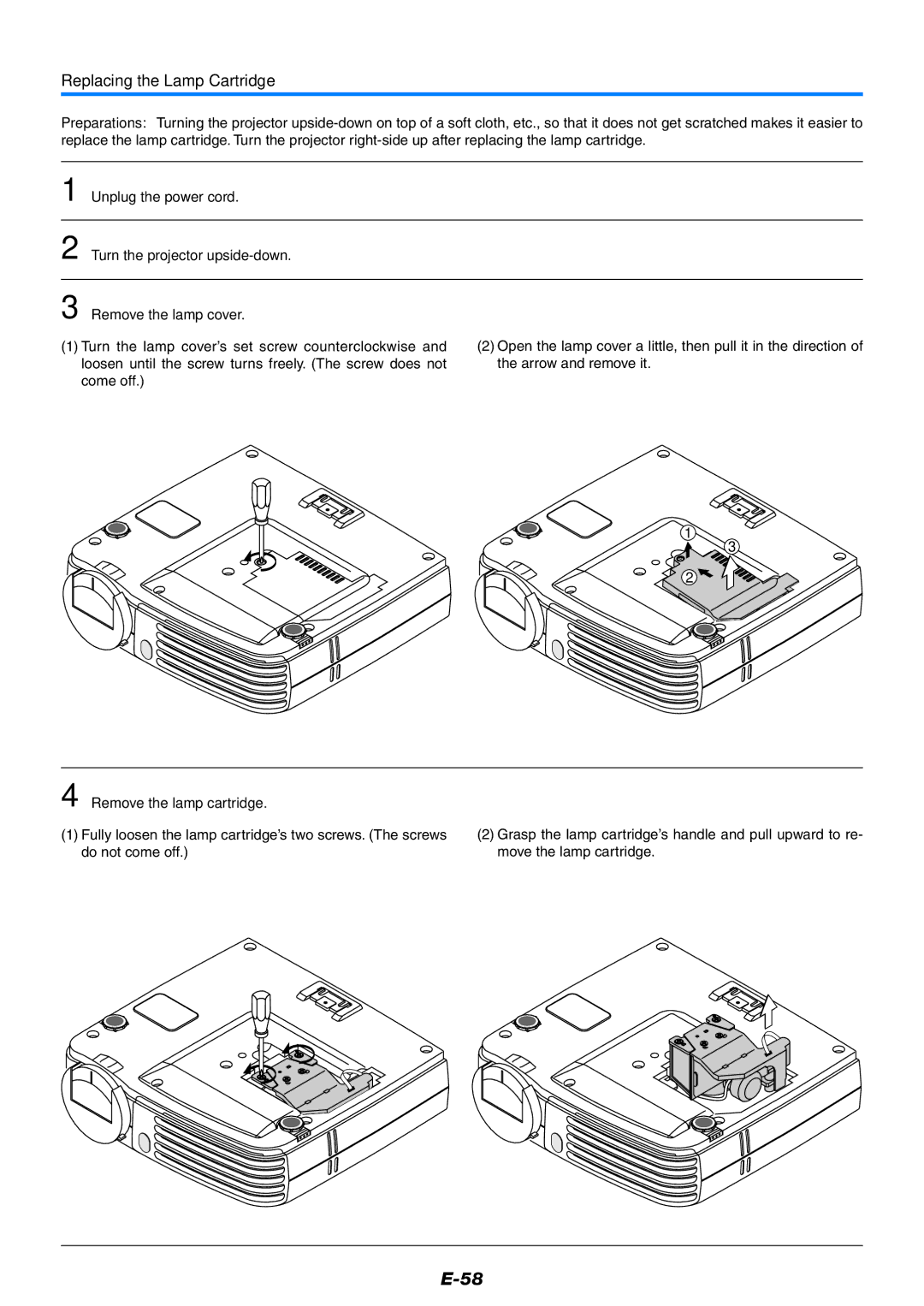 Mitsubishi Electronics XD80 user manual Replacing the Lamp Cartridge, Remove the lamp cartridge 