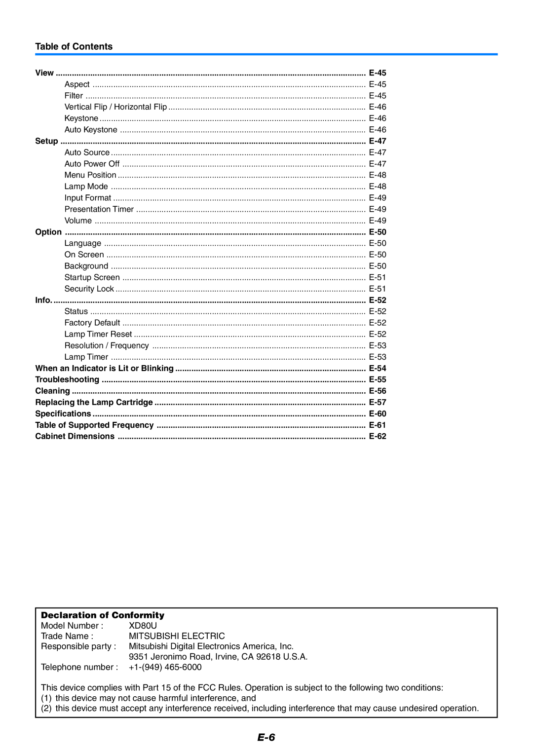 Mitsubishi Electronics XD80 user manual Table of Contents 