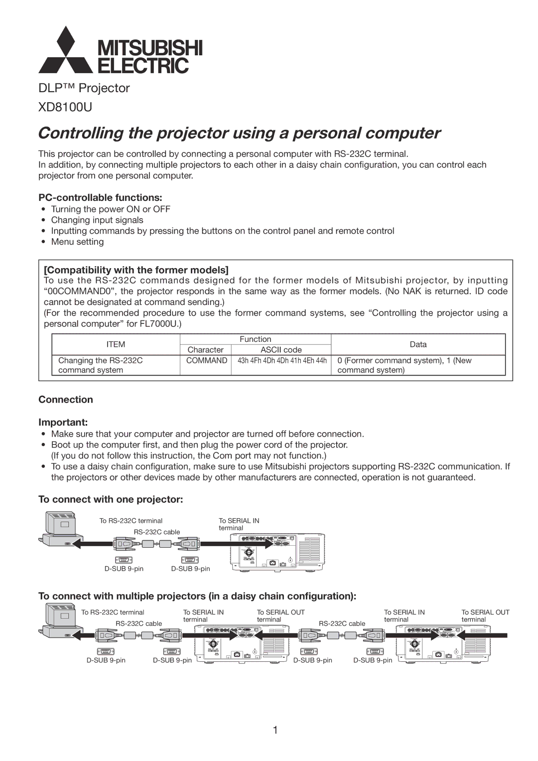 Mitsubishi Electronics XD8100U manual PC-controllable functions, Compatibility with the former models, Connection, Command 