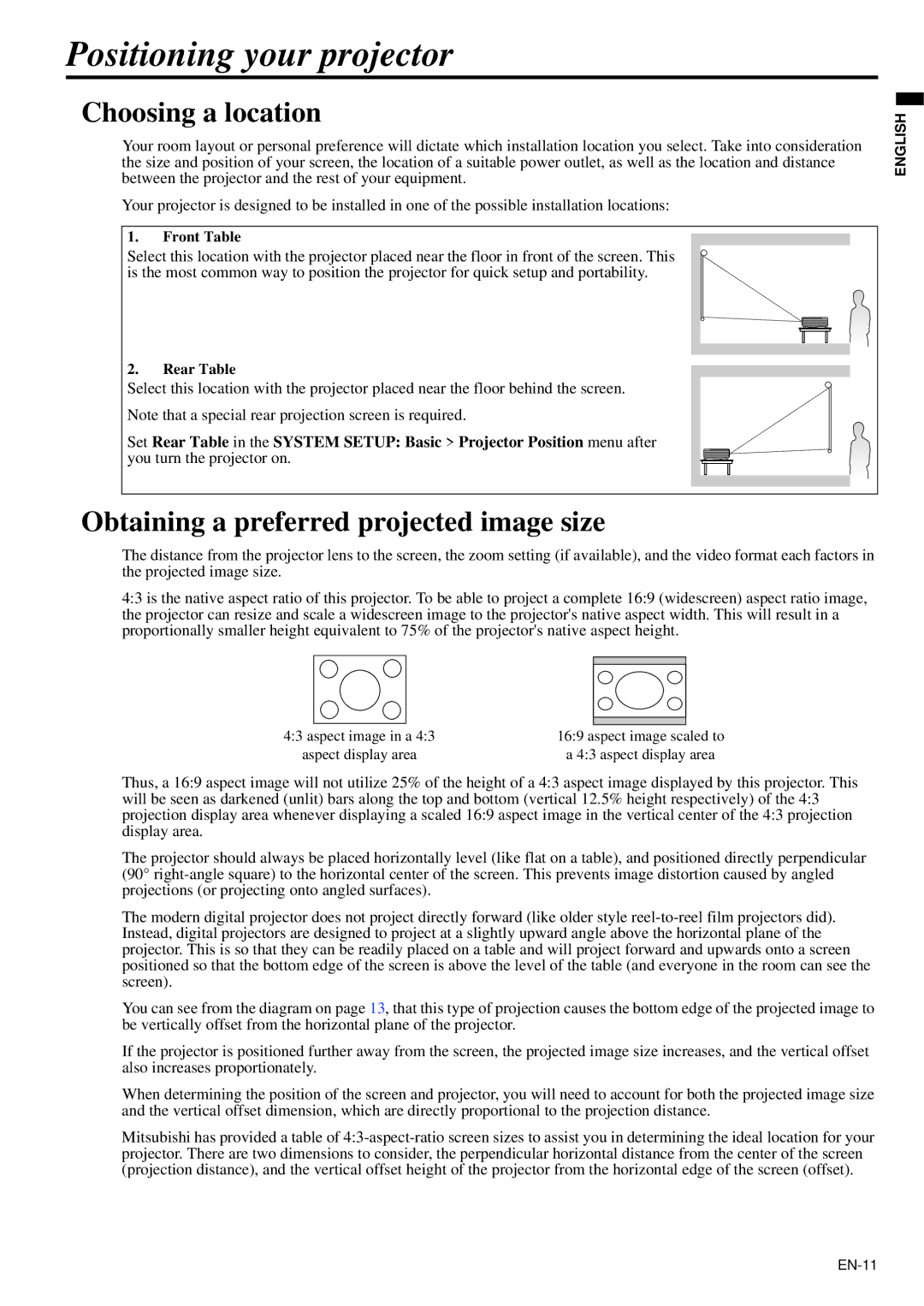 Mitsubishi Electronics XD95U Positioning your projector, Choosing a location, Obtaining a preferred projected image size 