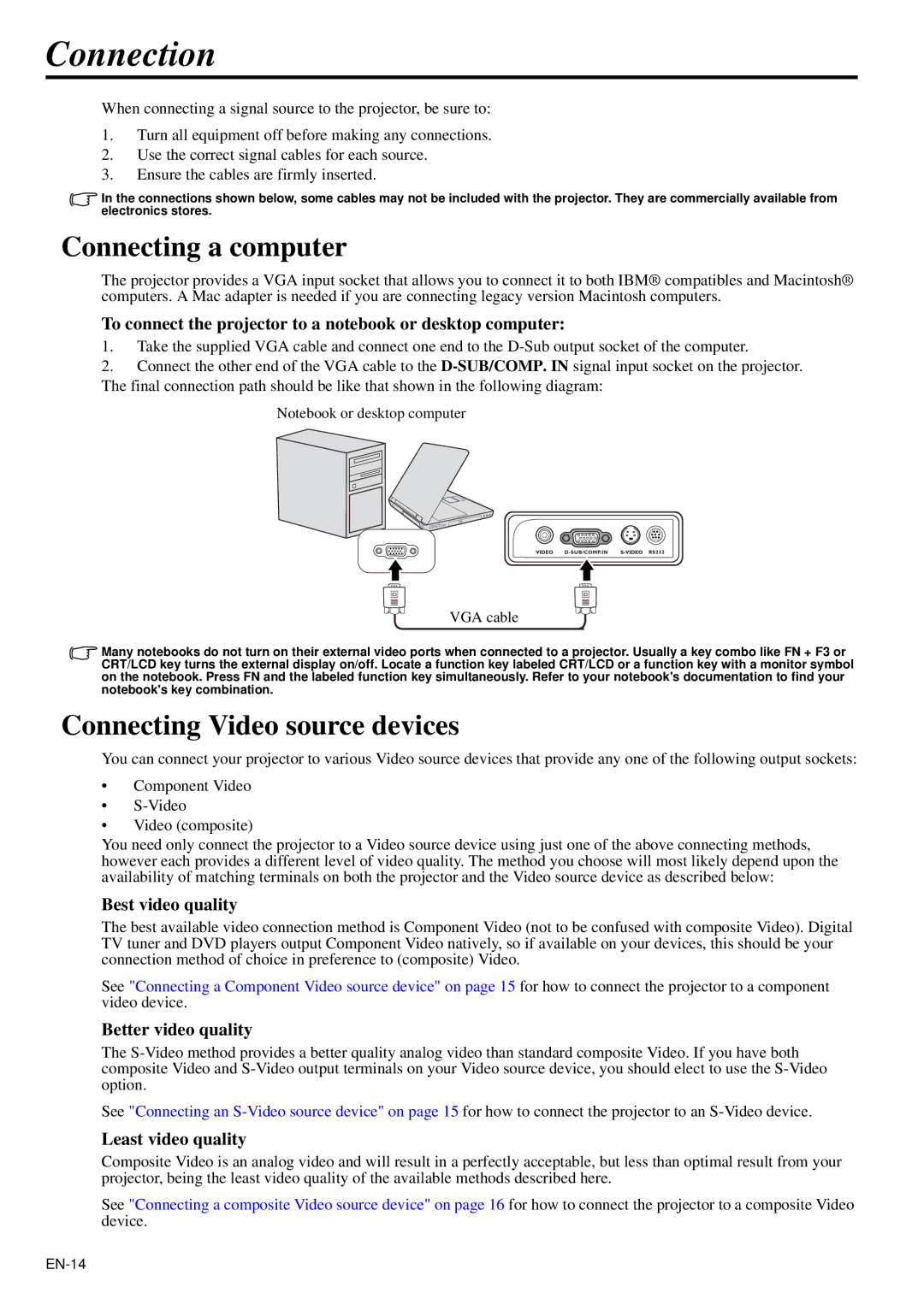 Mitsubishi Electronics XD95U user manual Connection, Connecting a computer, Connecting Video source devices 