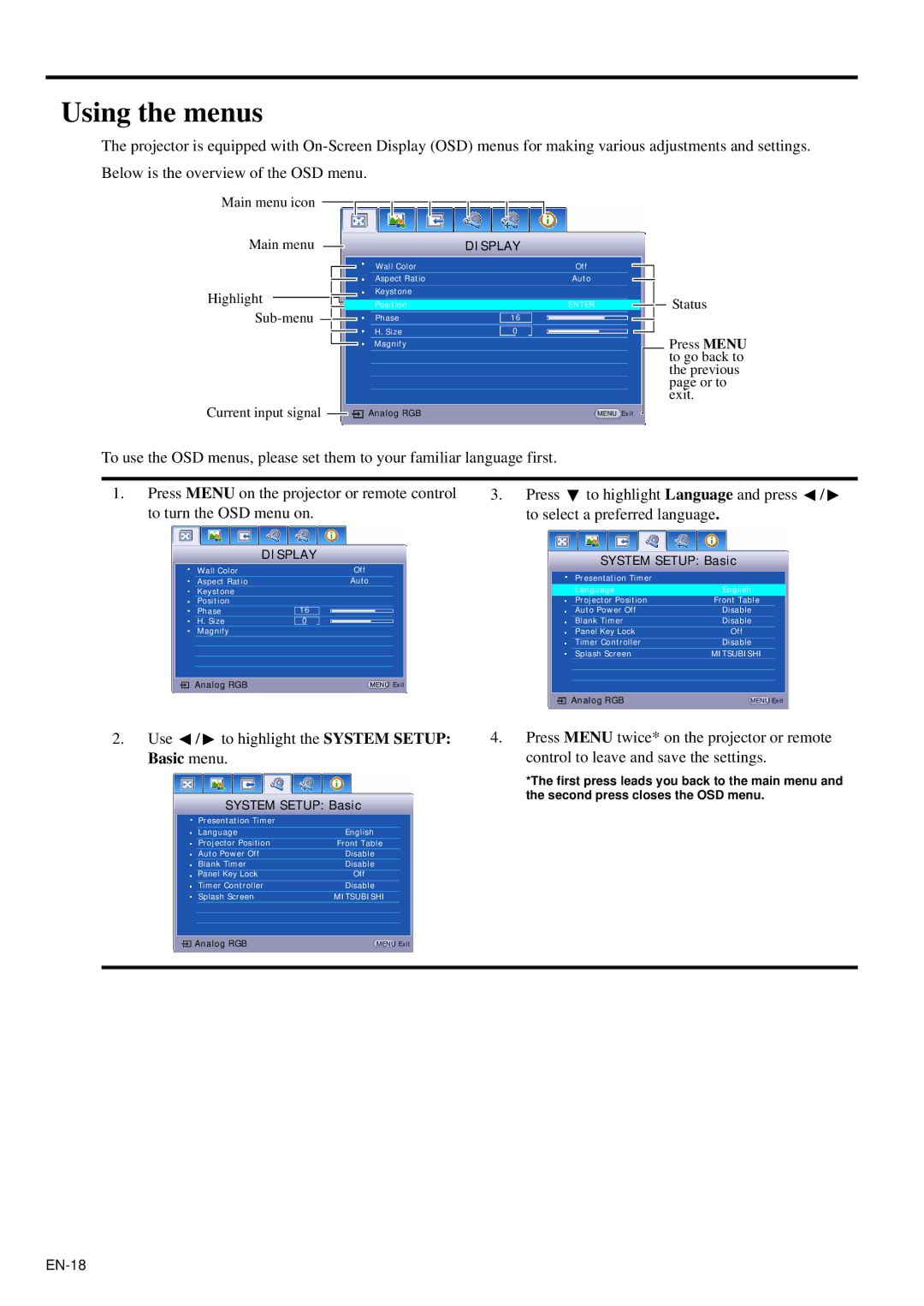 Mitsubishi Electronics XD95U user manual Using the menus, Use / to highlight the System Setup Basic menu 