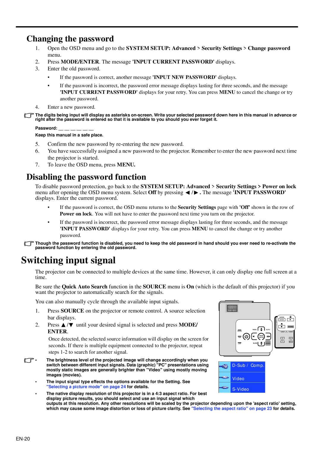 Mitsubishi Electronics XD95U user manual Switching input signal, Changing the password, Disabling the password function 