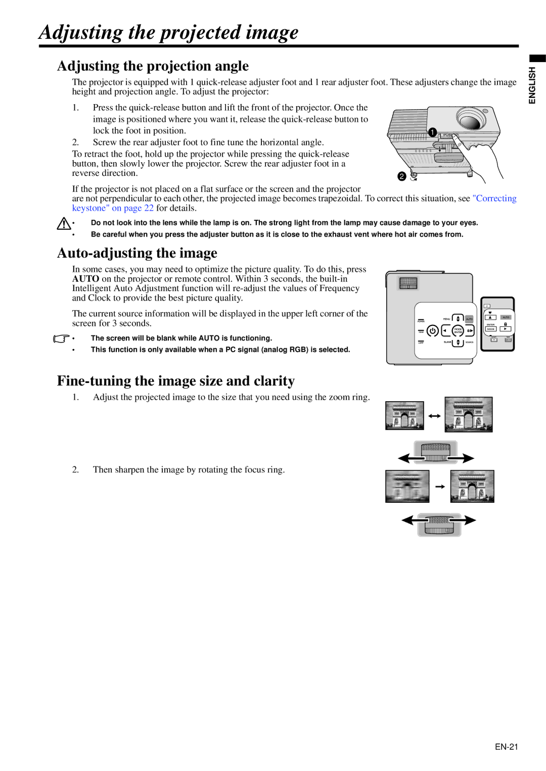 Mitsubishi Electronics XD95U Adjusting the projected image, Adjusting the projection angle, Auto-adjusting the image 