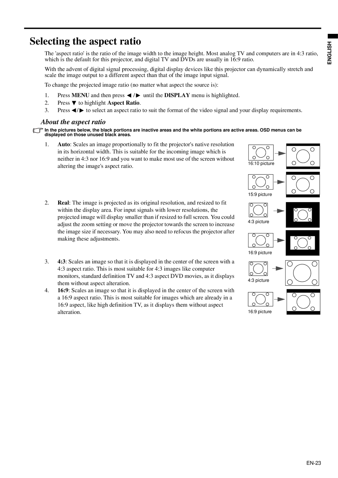 Mitsubishi Electronics XD95U user manual Selecting the aspect ratio, Altering the images aspect ratio 