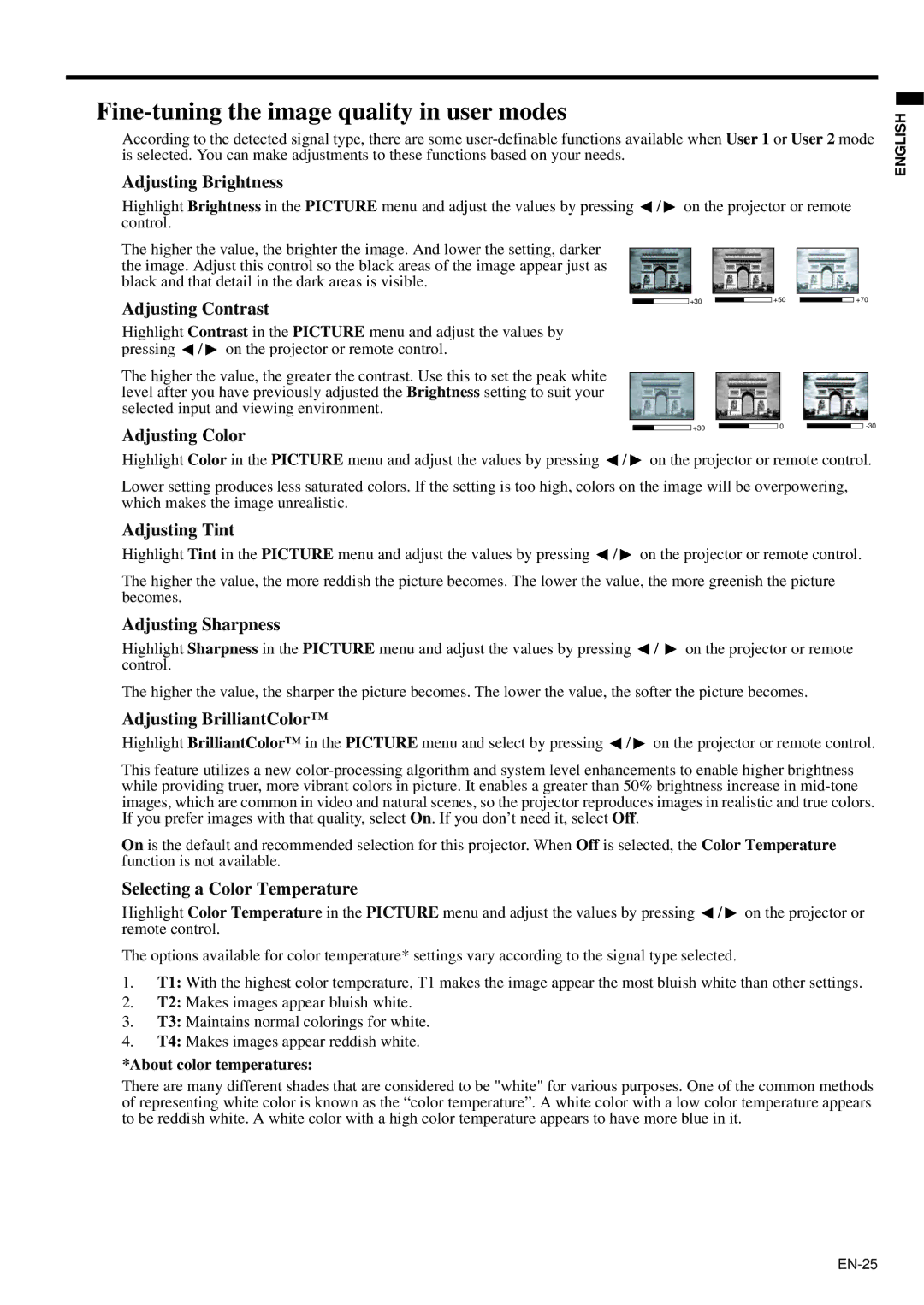 Mitsubishi Electronics XD95U user manual Fine-tuning the image quality in user modes 