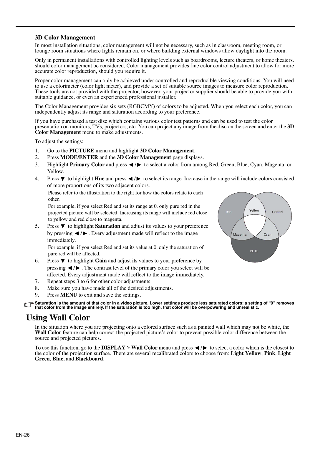 Mitsubishi Electronics XD95U user manual Using Wall Color, 3D Color Management 