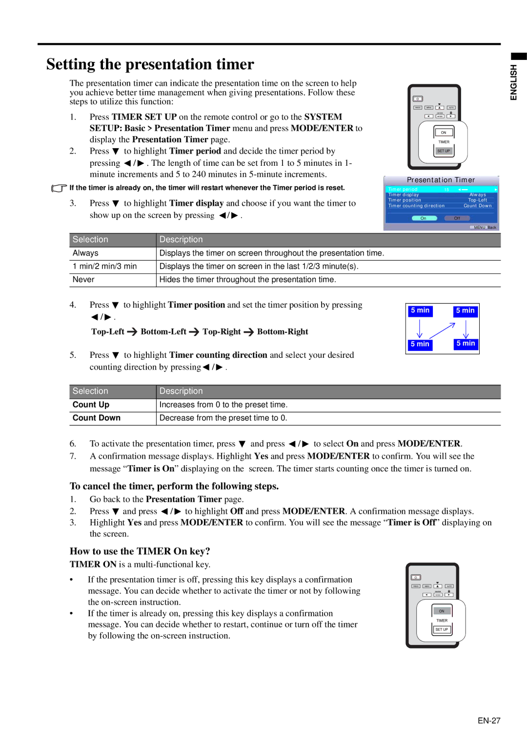 Mitsubishi Electronics XD95U user manual Setting the presentation timer, To cancel the timer, perform the following steps 