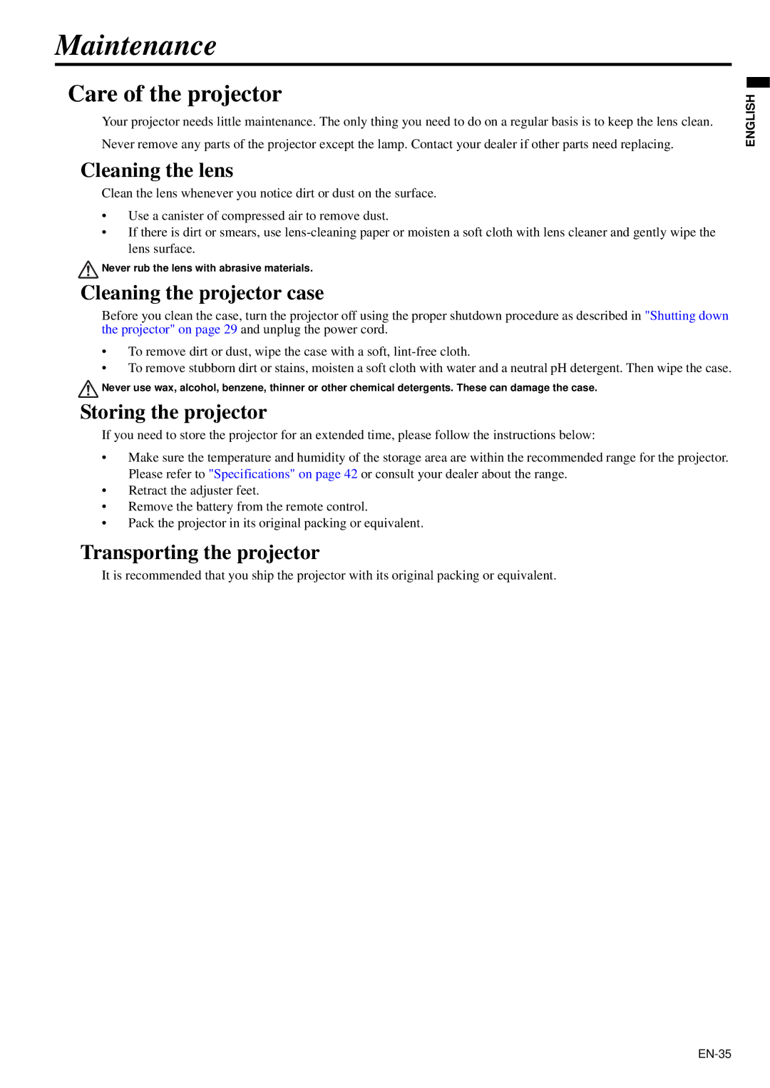 Mitsubishi Electronics XD95U user manual Maintenance, Care of the projector 