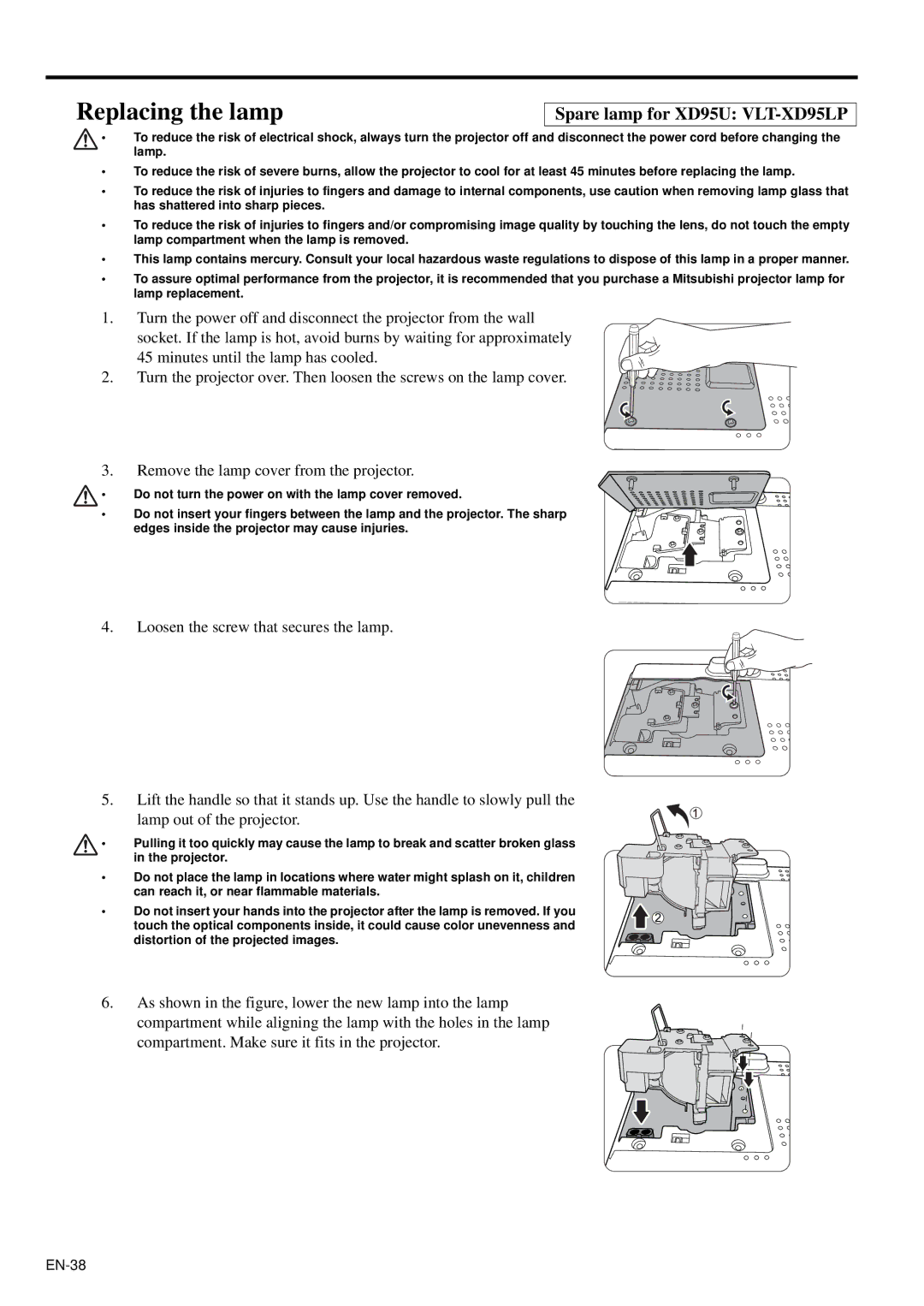 Mitsubishi Electronics user manual Replacing the lamp, Spare lamp for XD95U VLT-XD95LP 