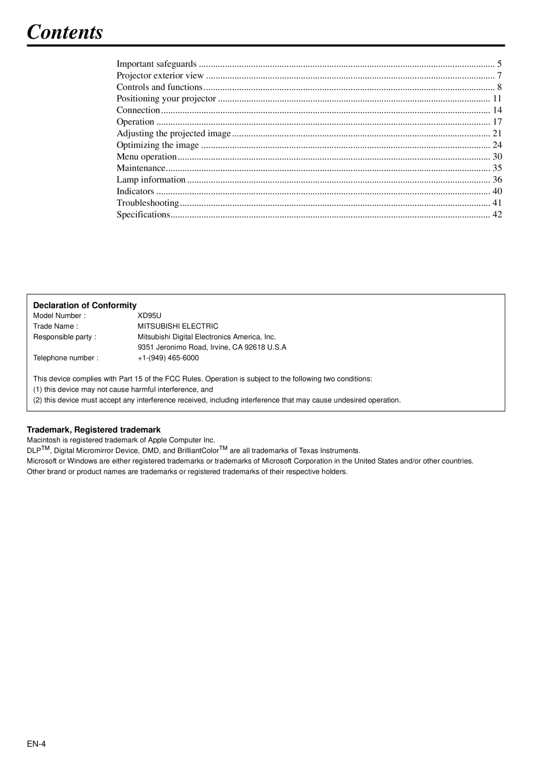 Mitsubishi Electronics XD95U user manual Contents 