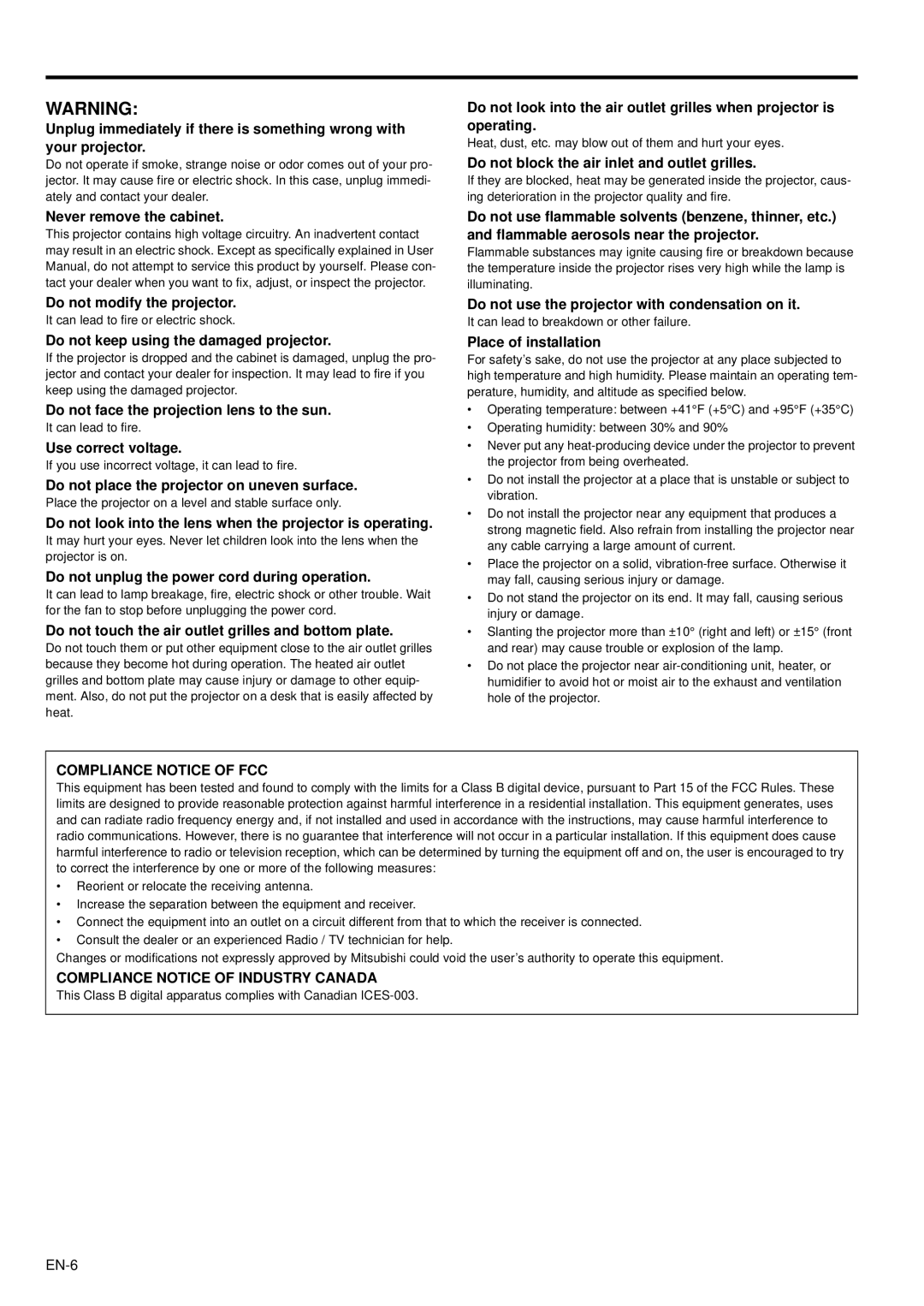 Mitsubishi Electronics XD95U user manual Compliance Notice of Industry Canada 