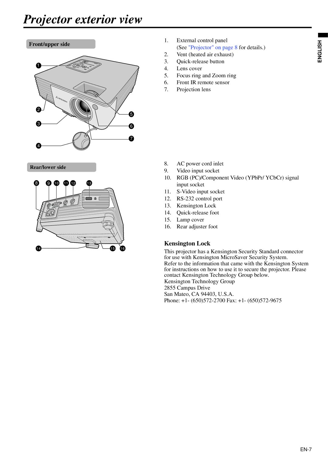 Mitsubishi Electronics XD95U user manual Projector exterior view, Kensington Lock, Front/upper side, External control panel 