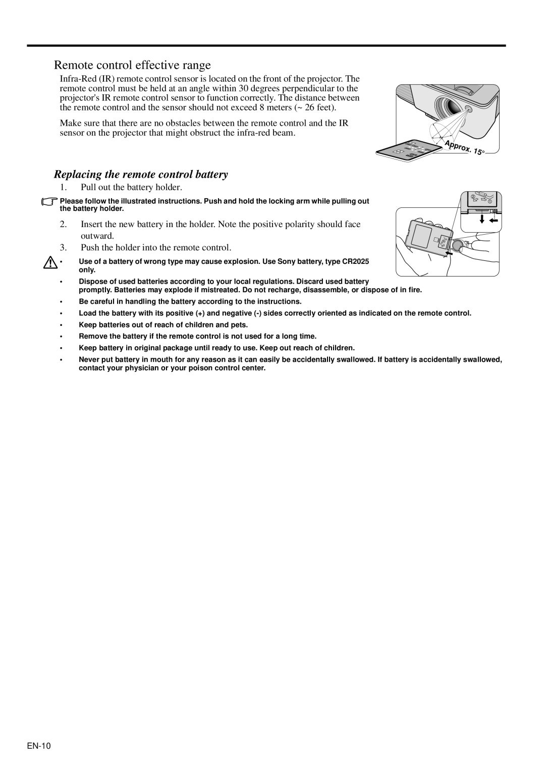 Mitsubishi Electronics XD95U user manual Remote control effective range, Replacing the remote control battery 
