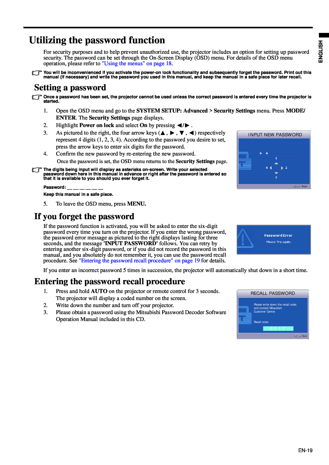 Mitsubishi Electronics XD95U user manual Utilizing the password function, Setting a password, If you forget the password 