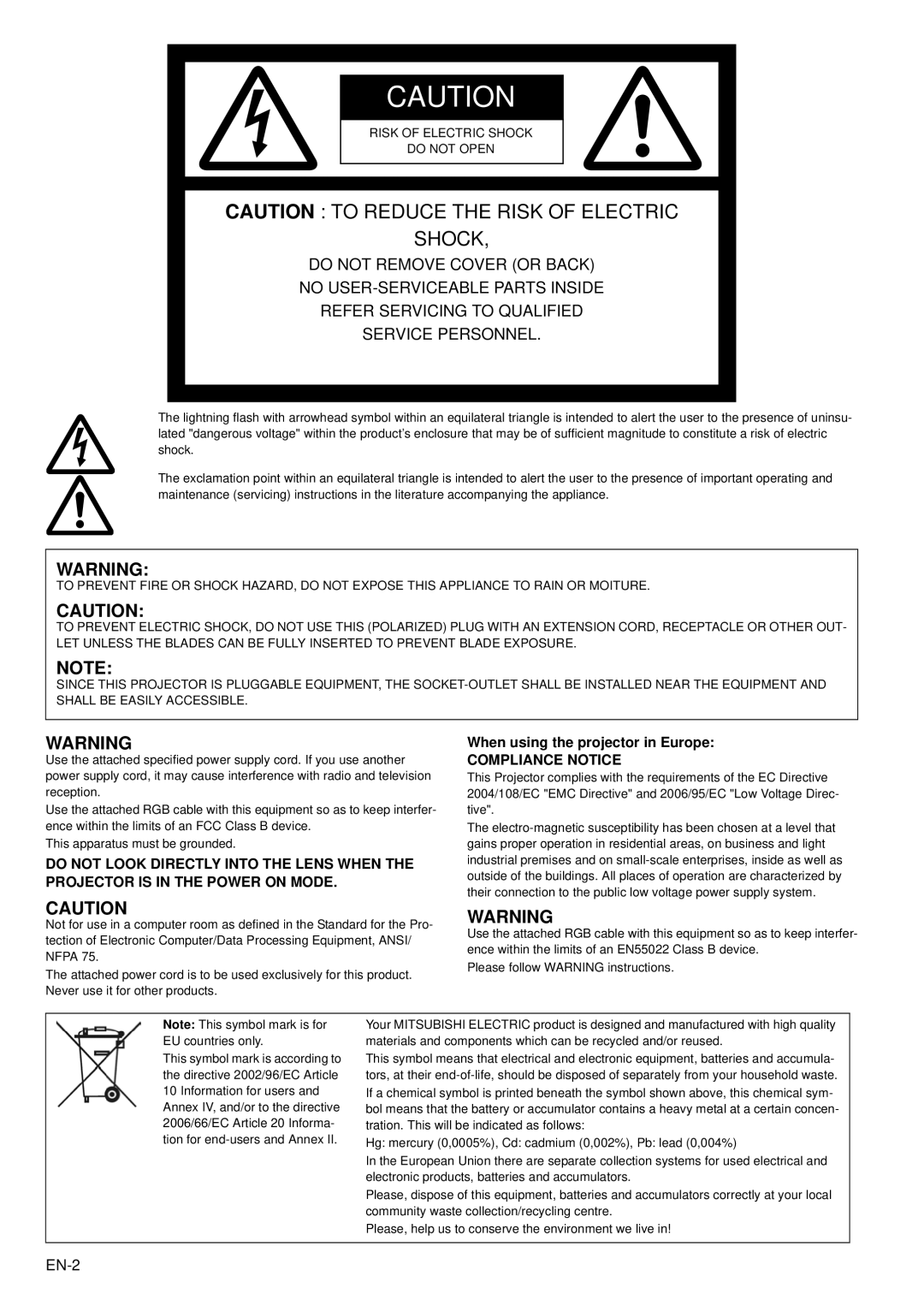 Mitsubishi Electronics XD95U Caution To Reduce The Risk Of Electric Shock, Refer Servicing To Qualified Service Personnel 