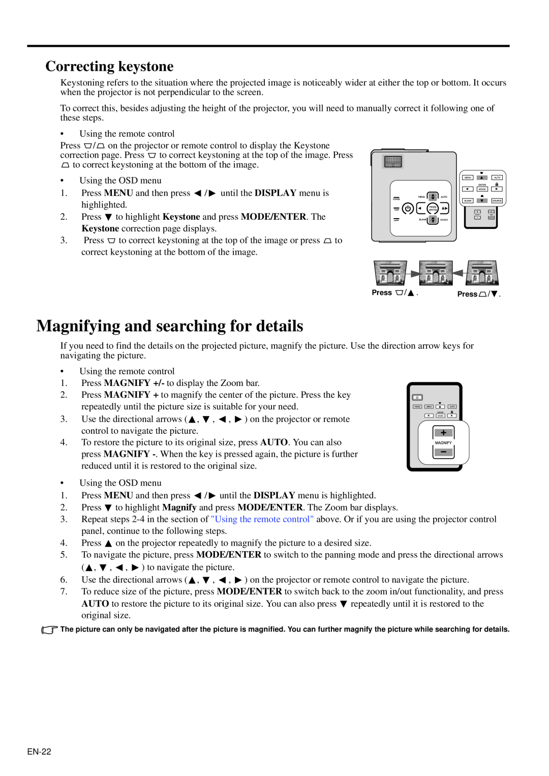 Mitsubishi Electronics XD95U user manual Magnifying and searching for details, Correcting keystone 