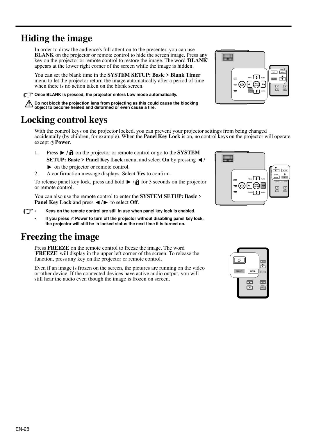 Mitsubishi Electronics XD95U user manual Hiding the image, Locking control keys, Freezing the image 