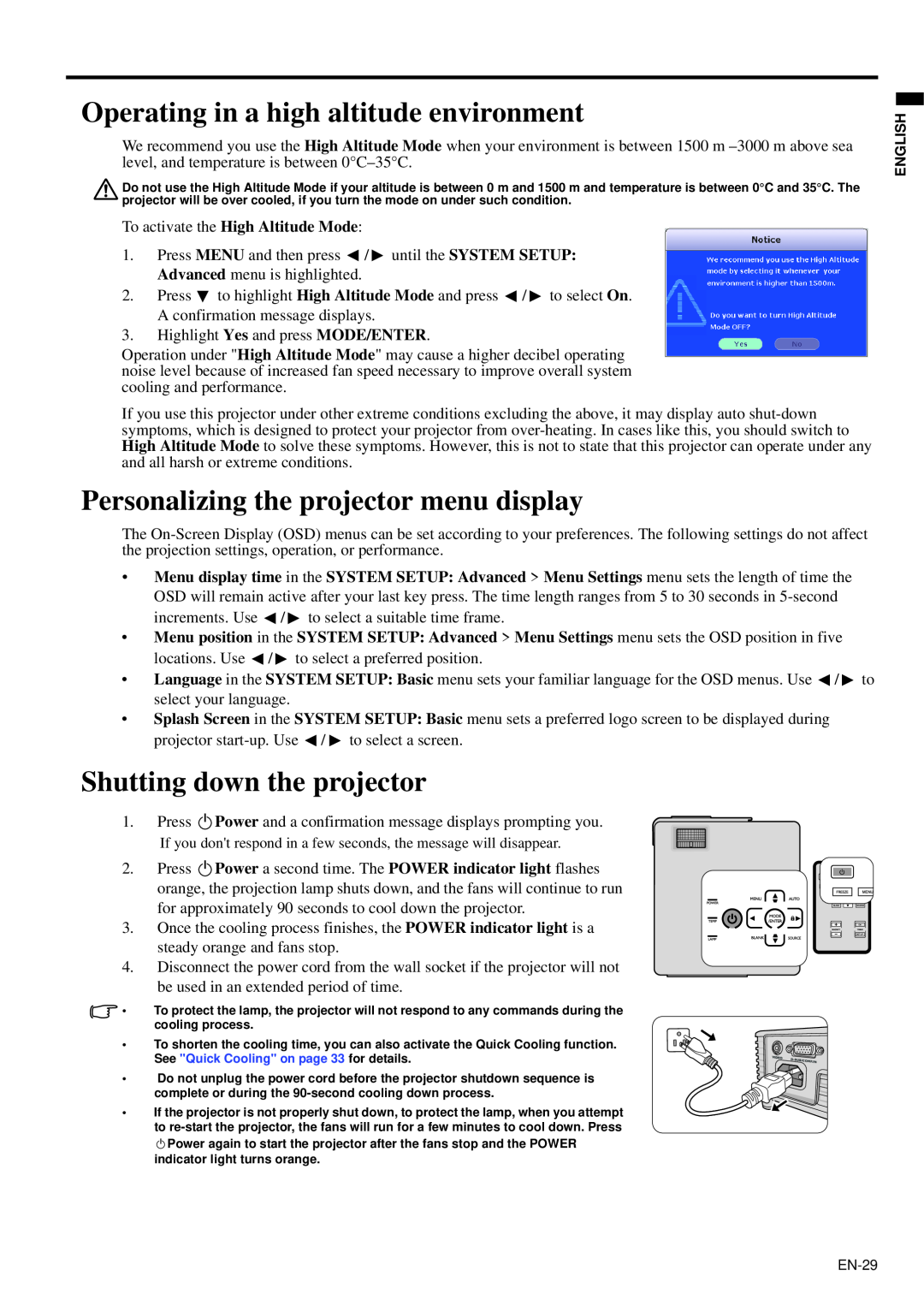 Mitsubishi Electronics XD95U user manual Operating in a high altitude environment, Personalizing the projector menu display 