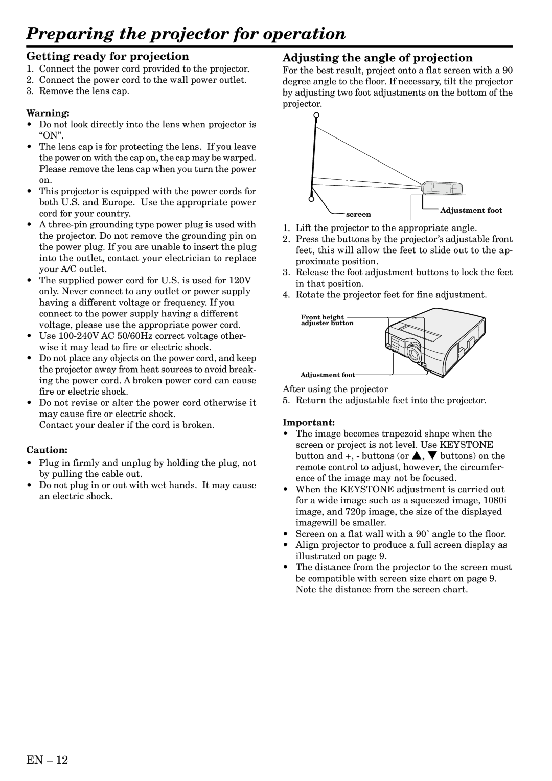 Mitsubishi Electronics XL1U user manual Preparing the projector for operation, Getting ready for projection 