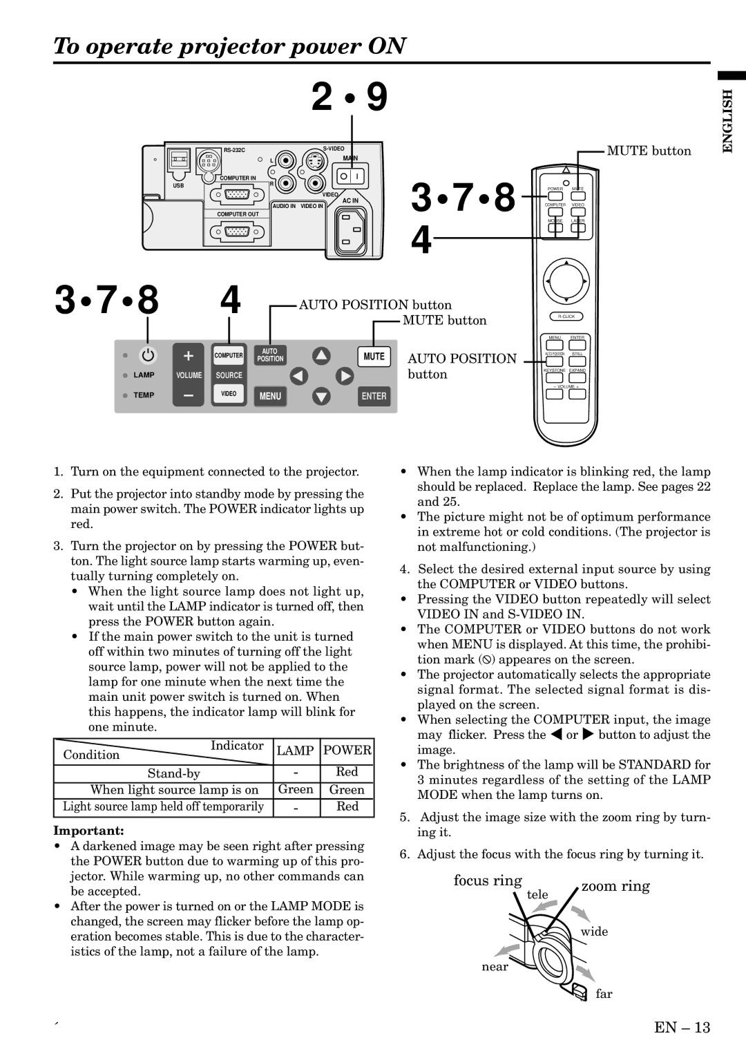 Mitsubishi Electronics XL1U user manual To operate projector power on, Focus ring, Zoom ring, Lamp Power 