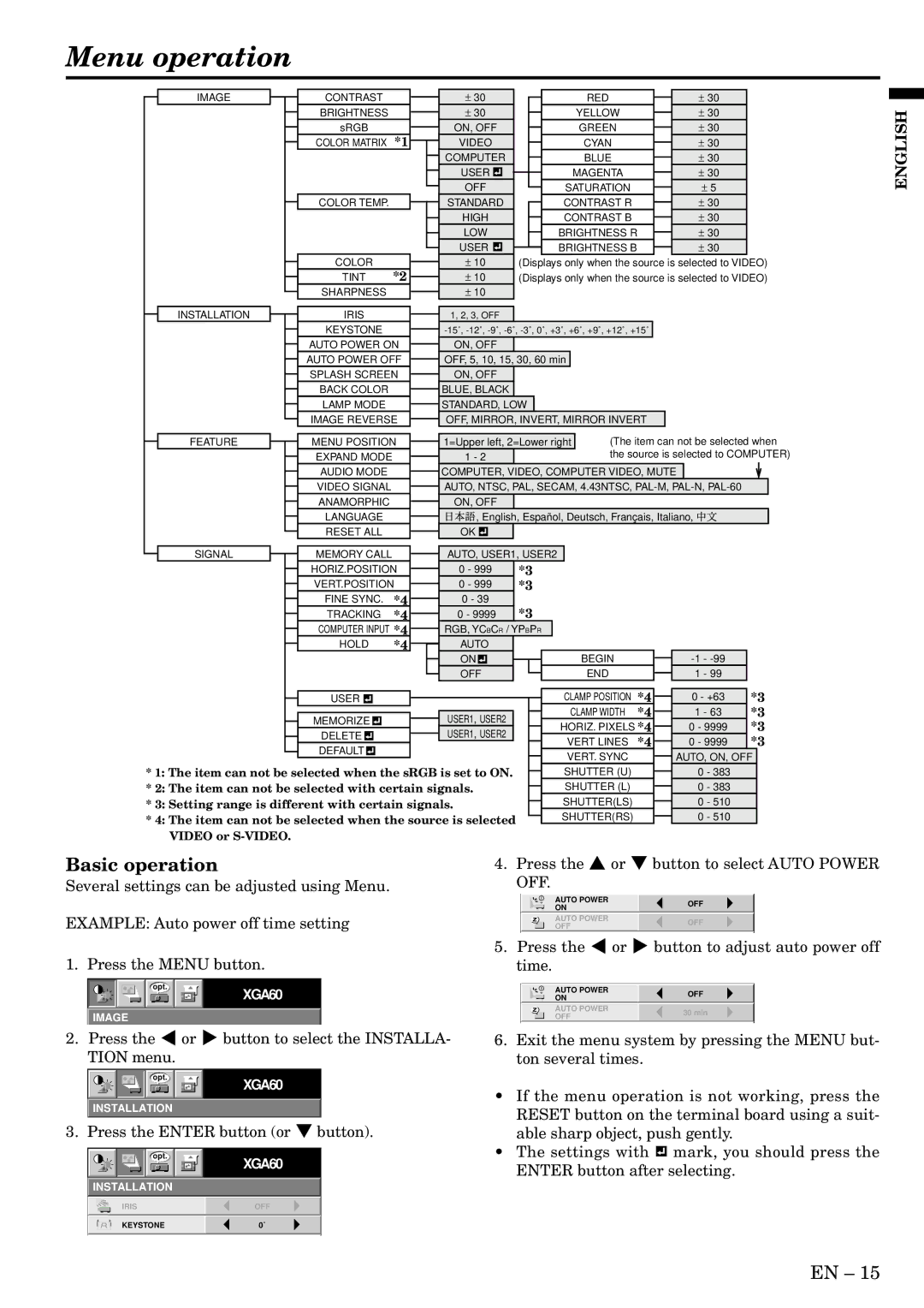 Mitsubishi Electronics XL1U user manual Menu operation, Basic operation, Off 