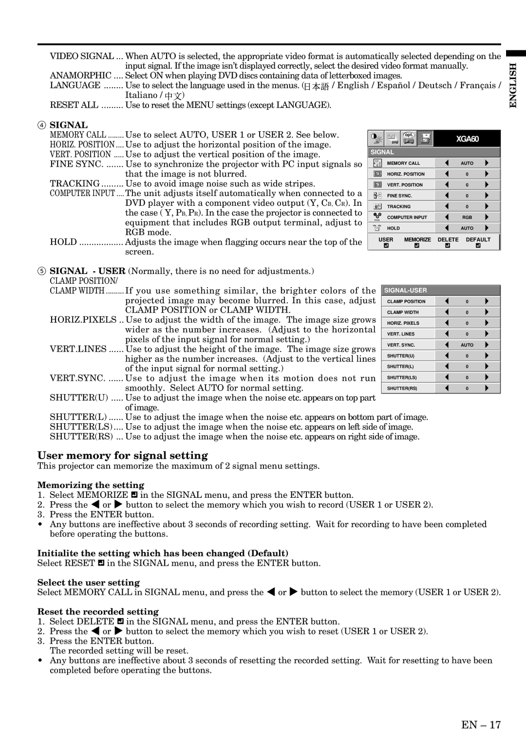 Mitsubishi Electronics XL1U user manual User memory for signal setting, Memorizing the setting, Select the user setting 