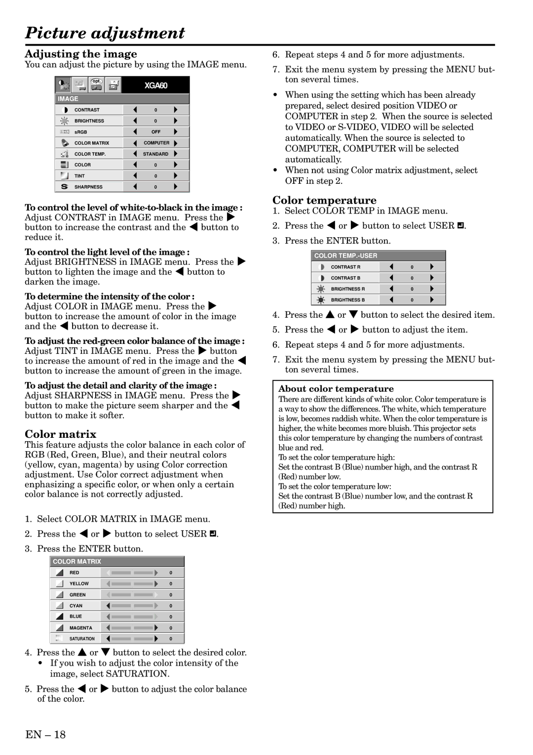 Mitsubishi Electronics XL1U user manual Picture adjustment, Adjusting the image, Color matrix, Color temperature 