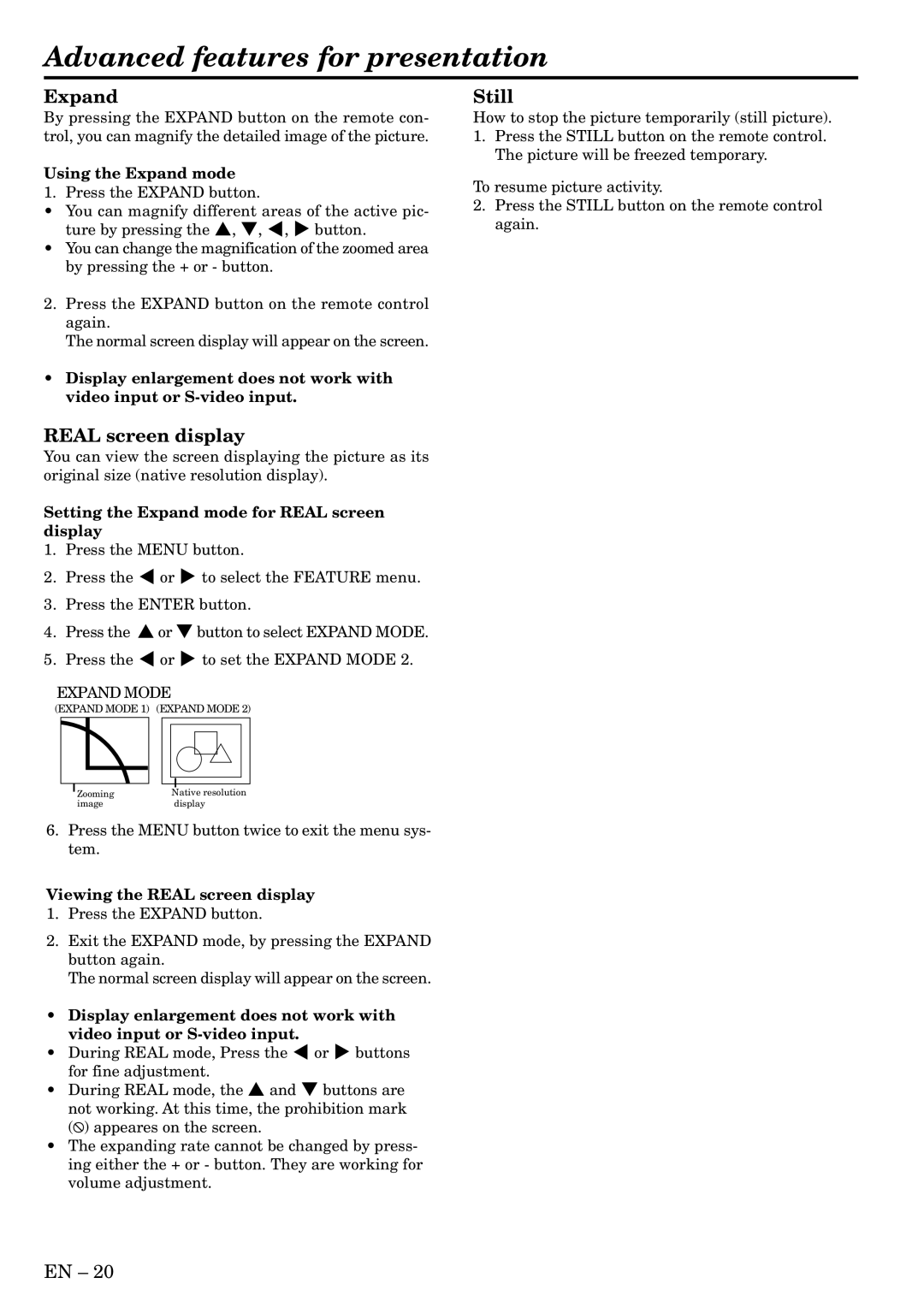 Mitsubishi Electronics XL1U user manual Advanced features for presentation, Expand, Real screen display, Still 