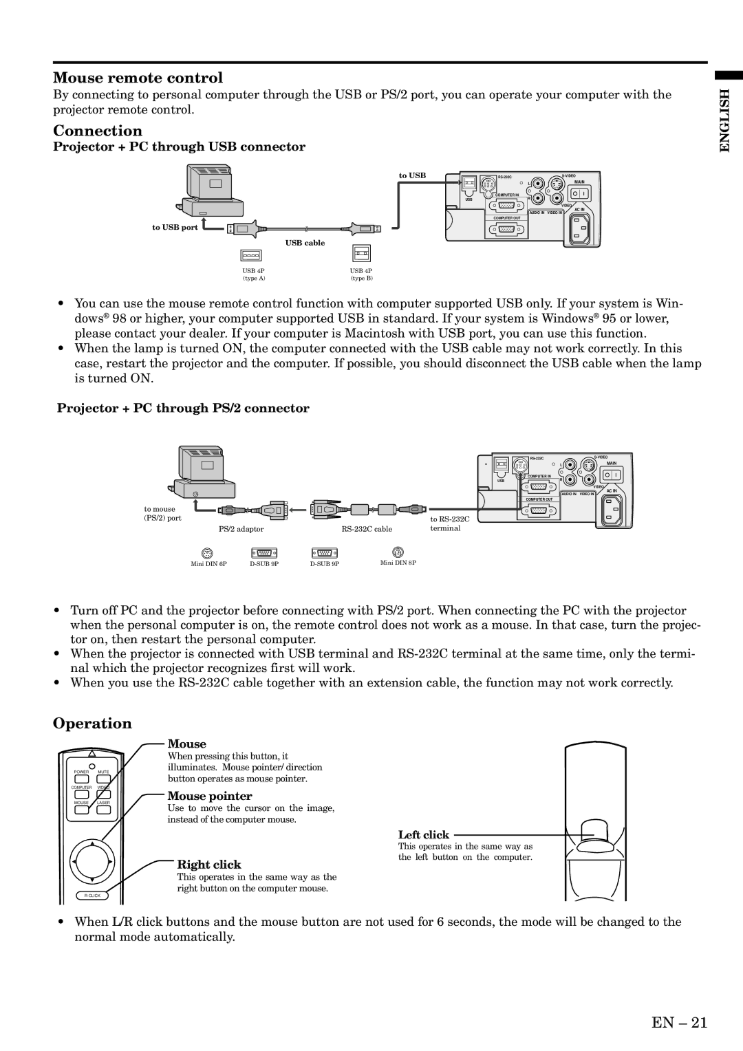 Mitsubishi Electronics XL1U user manual Mouse remote control, Connection, Operation 