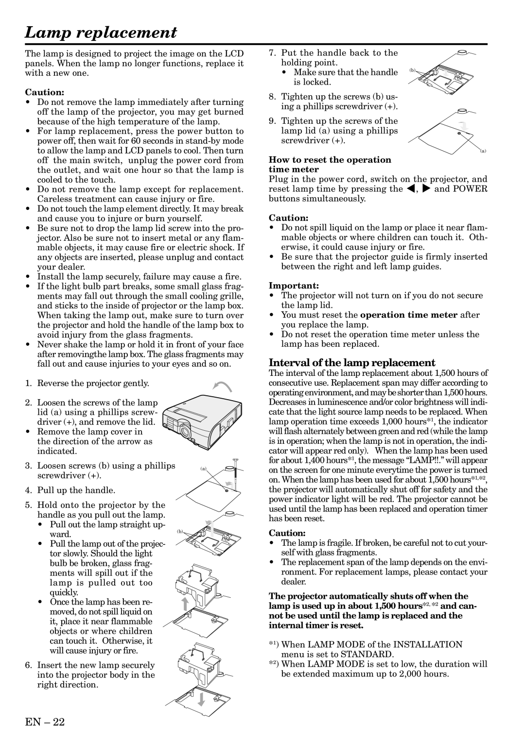 Mitsubishi Electronics XL1U Lamp replacement, Interval of the lamp replacement, How to reset the operation time meter 