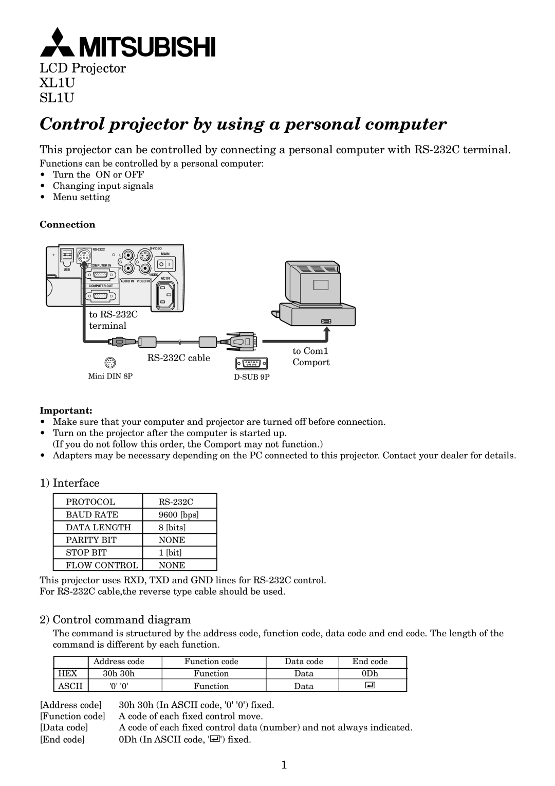 Mitsubishi Electronics XL1U Control projector by using a personal computer, Interface, Control command diagram, Connection 