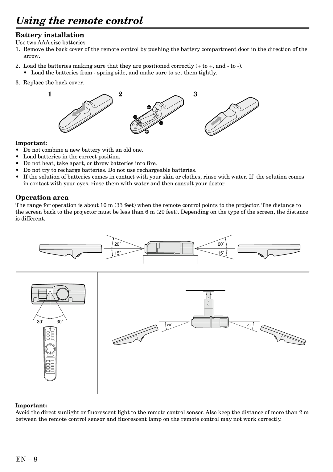 Mitsubishi Electronics XL1U user manual Using the remote control, Battery installation, Operation area 