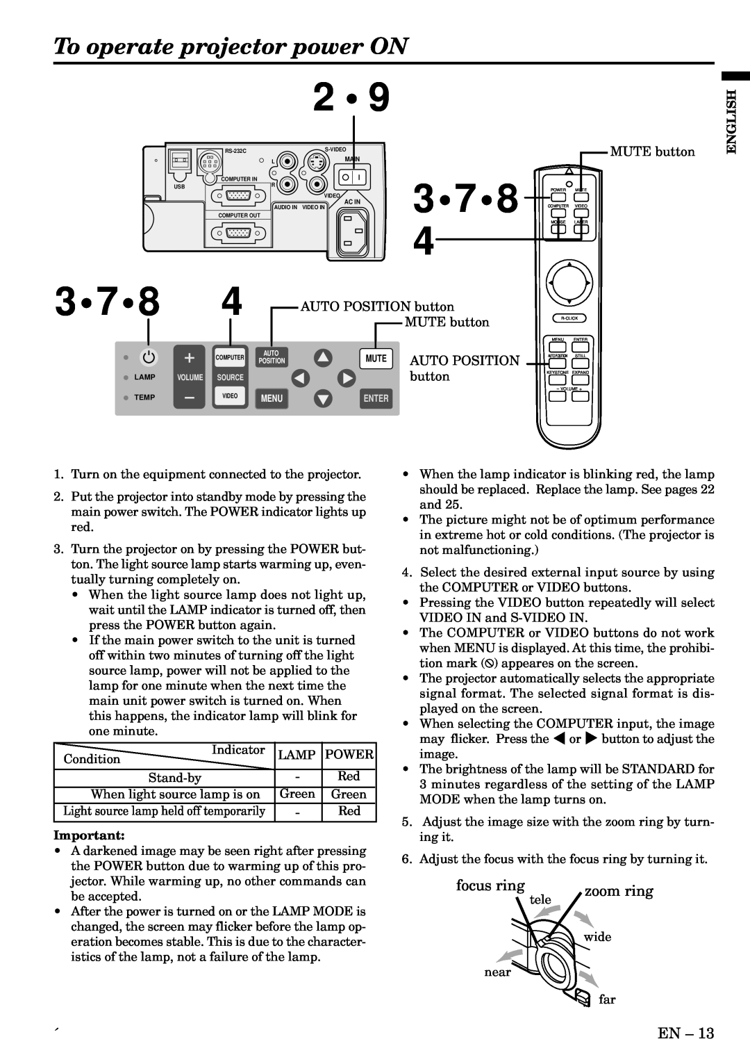 Mitsubishi Electronics XL1U user manual To operate projector power ON, AUTO POSITION button MUTE button, English 