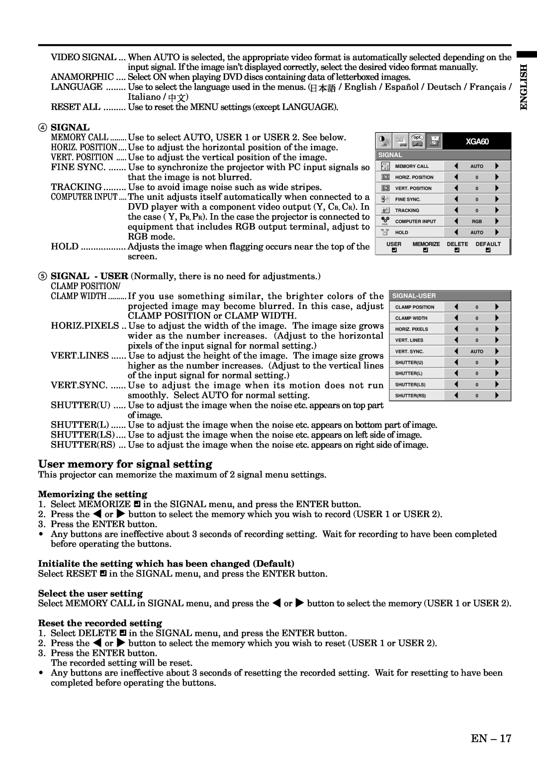 Mitsubishi Electronics XL1U English, Signal, Memorizing the setting, Initialite the setting which has been changed Default 