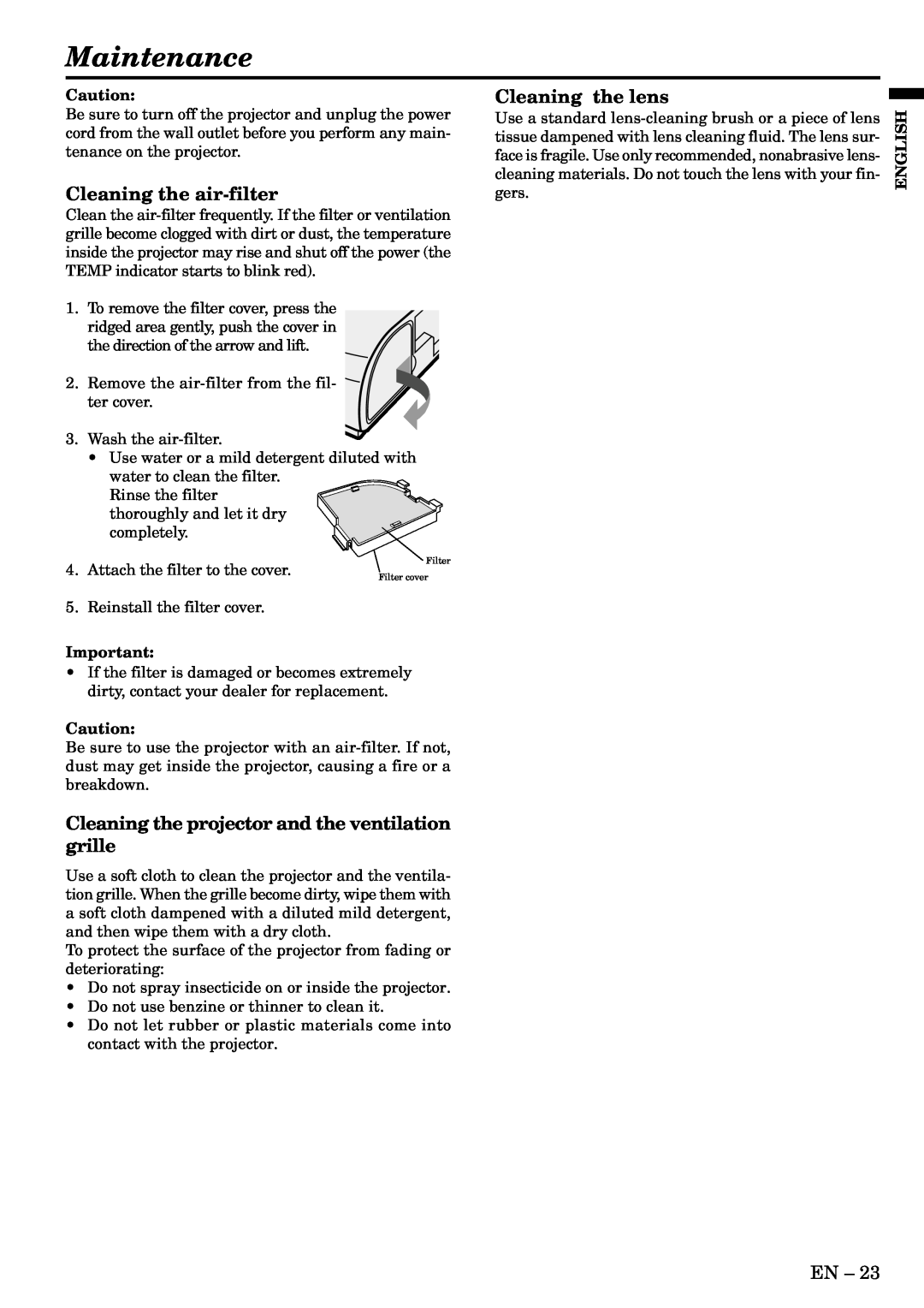 Mitsubishi Electronics XL1U user manual Maintenance, Cleaning the air-filter, Cleaning the lens, English 