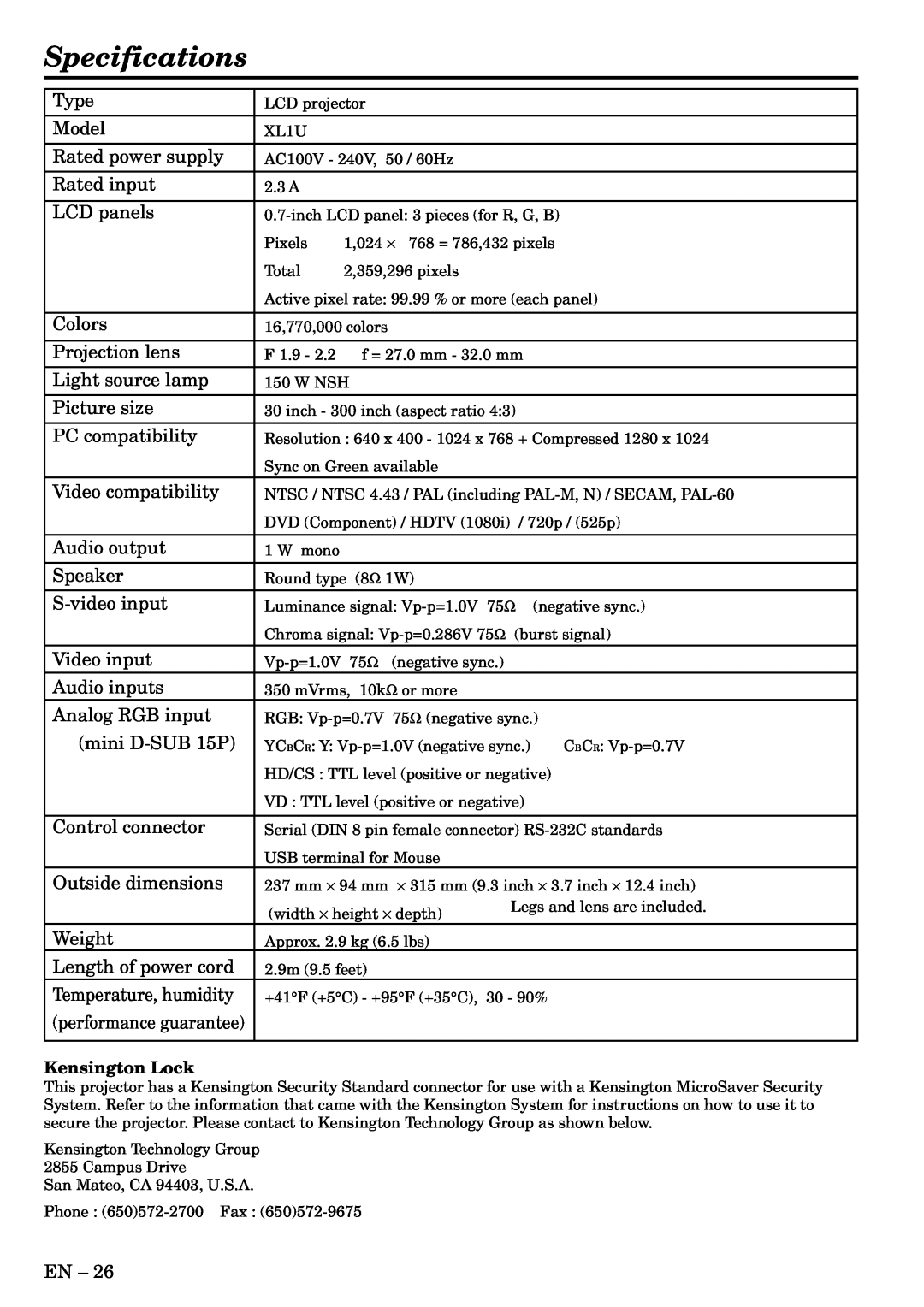 Mitsubishi Electronics XL1U user manual Specifications, Kensington Lock 