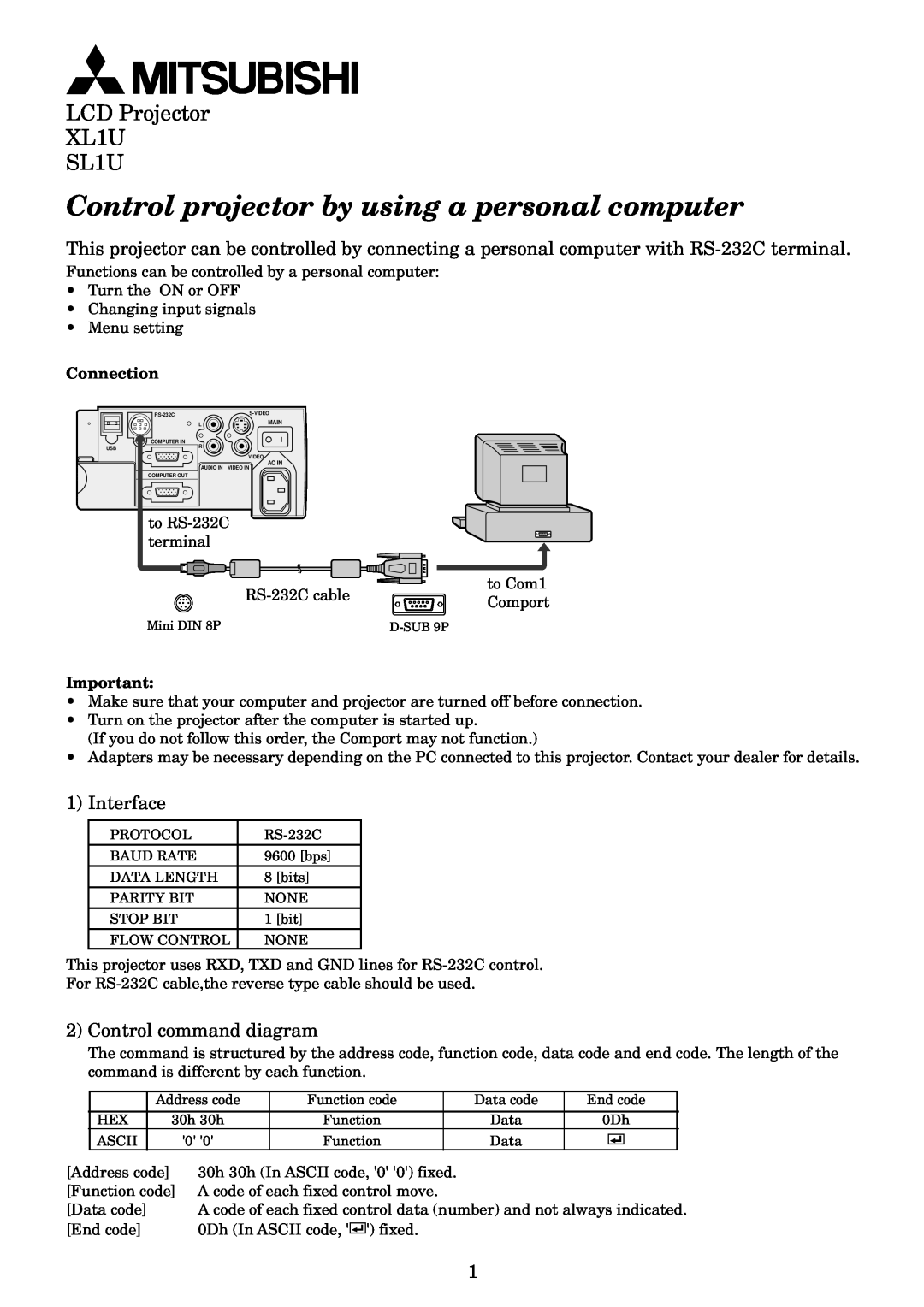 Mitsubishi Electronics user manual Control projector by using a personal computer, LCD Projector XL1U SL1U, Connection 