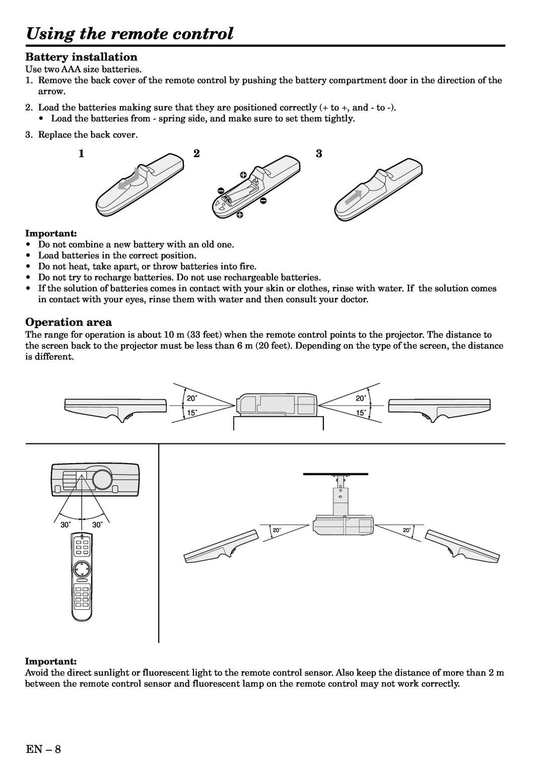 Mitsubishi Electronics XL1U user manual Using the remote control, Battery installation, Operation area 