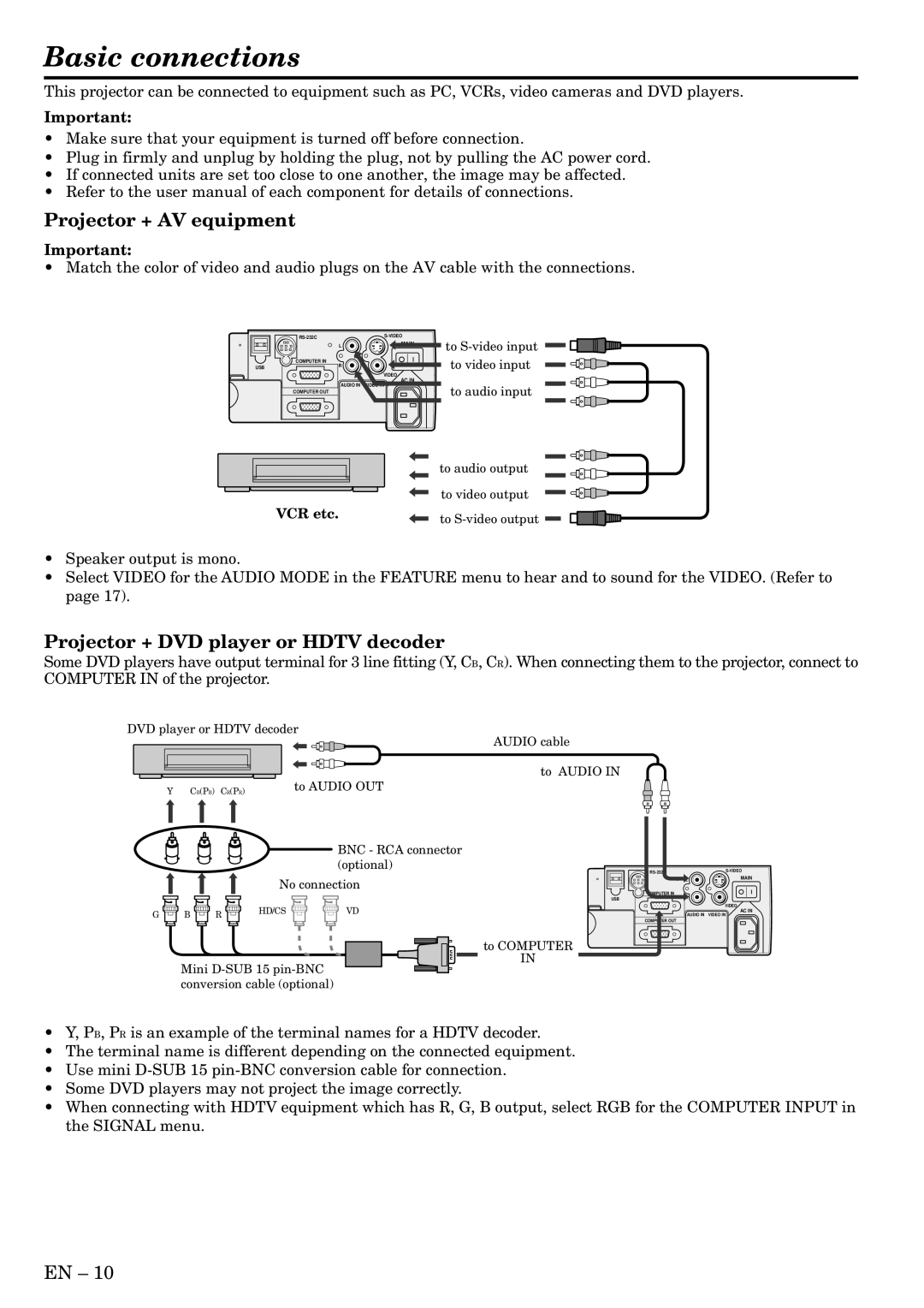 Mitsubishi Electronics XL2U user manual Basic connections, Projector + AV equipment, Projector + DVD player or Hdtv decoder 